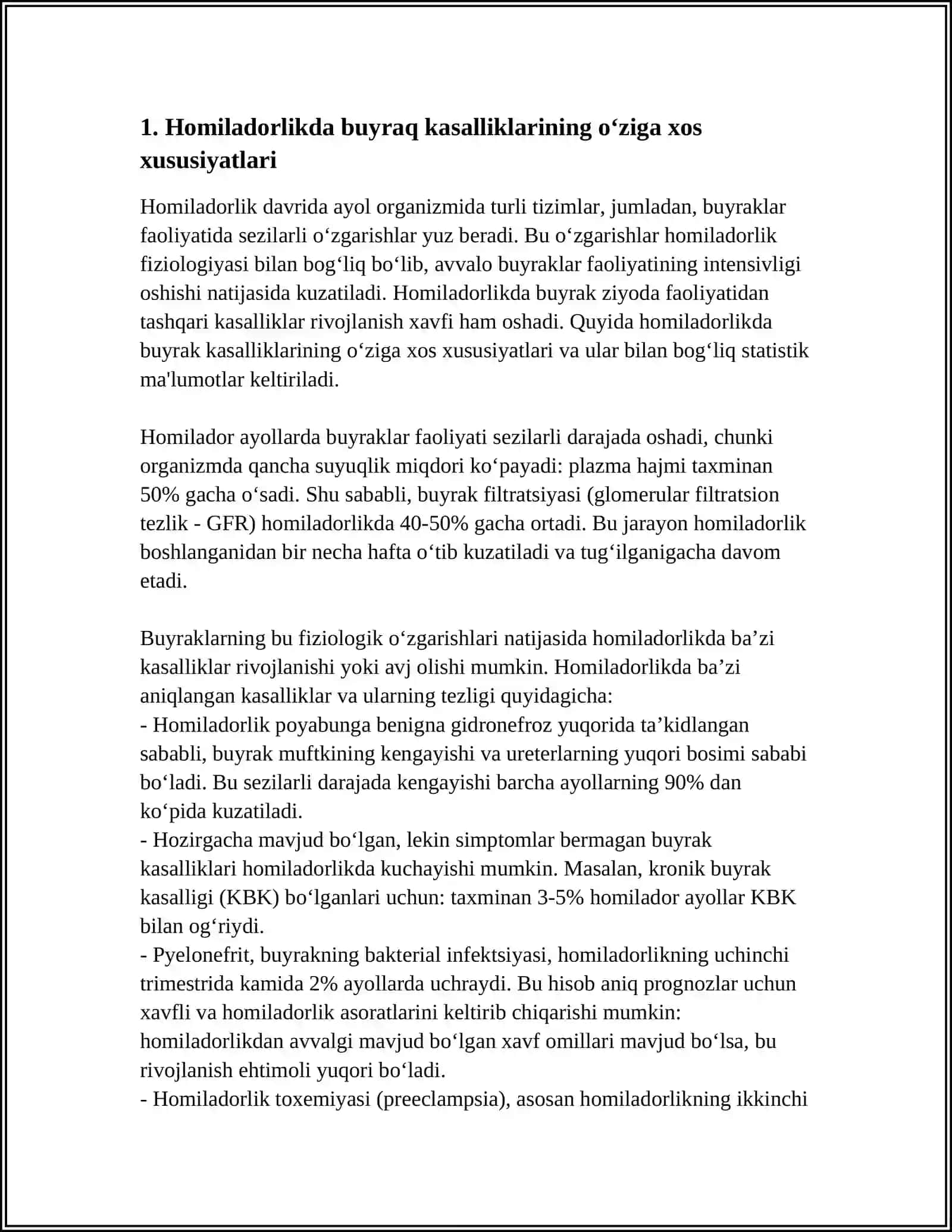 HOMILADORLIK, TUGʻRUQ VA CHILLA DAVRINING BUYRAK KASALLIKLARIDA KECHISHI. HOMILADORLIKDA BUYRAK KASALLIKLARI TASNIFI. QALTIS DAVRLAR 3