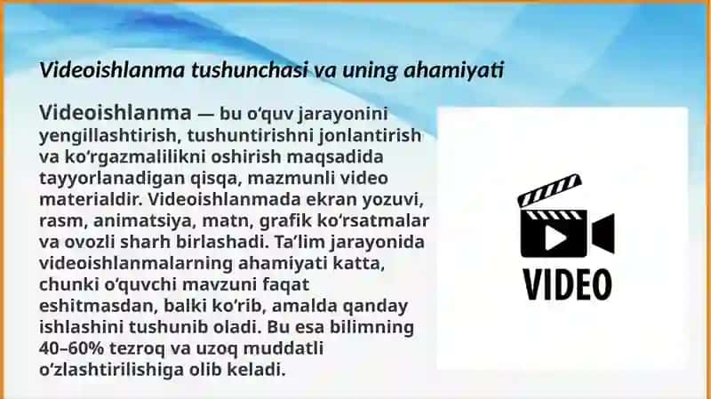 Taqdimot. Amaliy dasturlar yordamida videoishlanmalar yaratish 3
