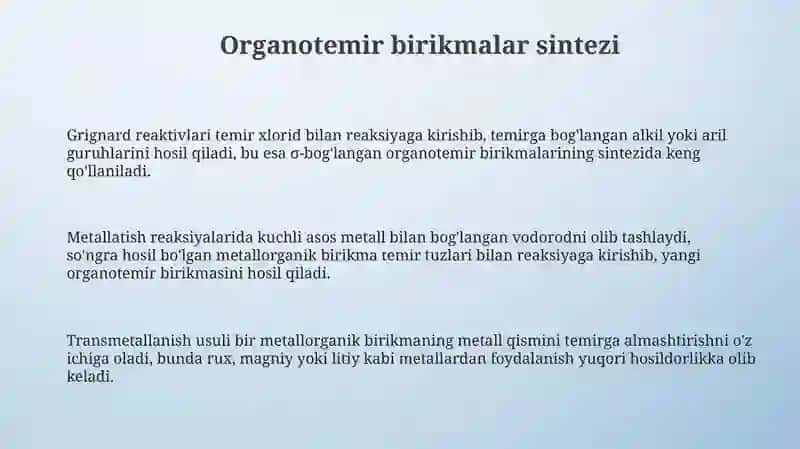 Temir organik birikmalar olinishi va kimyoviy xossalari 3
