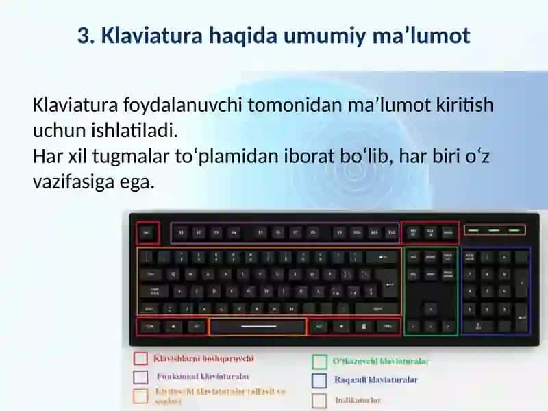 Prezentatsiyada kompyuterning texnik ta’minoti va klaviatura tugmalari haqida tushuncha beriladi. Bu bilimlar foydalanuvchiga kompyuter bilan samarali ishlashda yordam beradi. 3