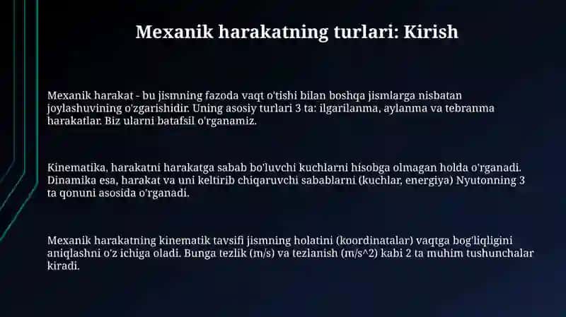 Mexanik xarakat turlar va ularni tafsiflovchi tenglamalar 3