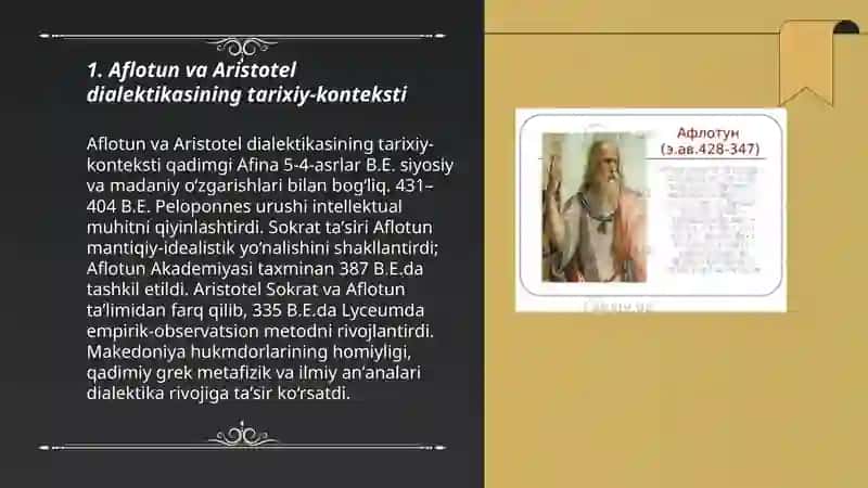 Aflotun va Aristotel dialektikasi tahlili toʻgʻrisida taqdimot hulosablan 3