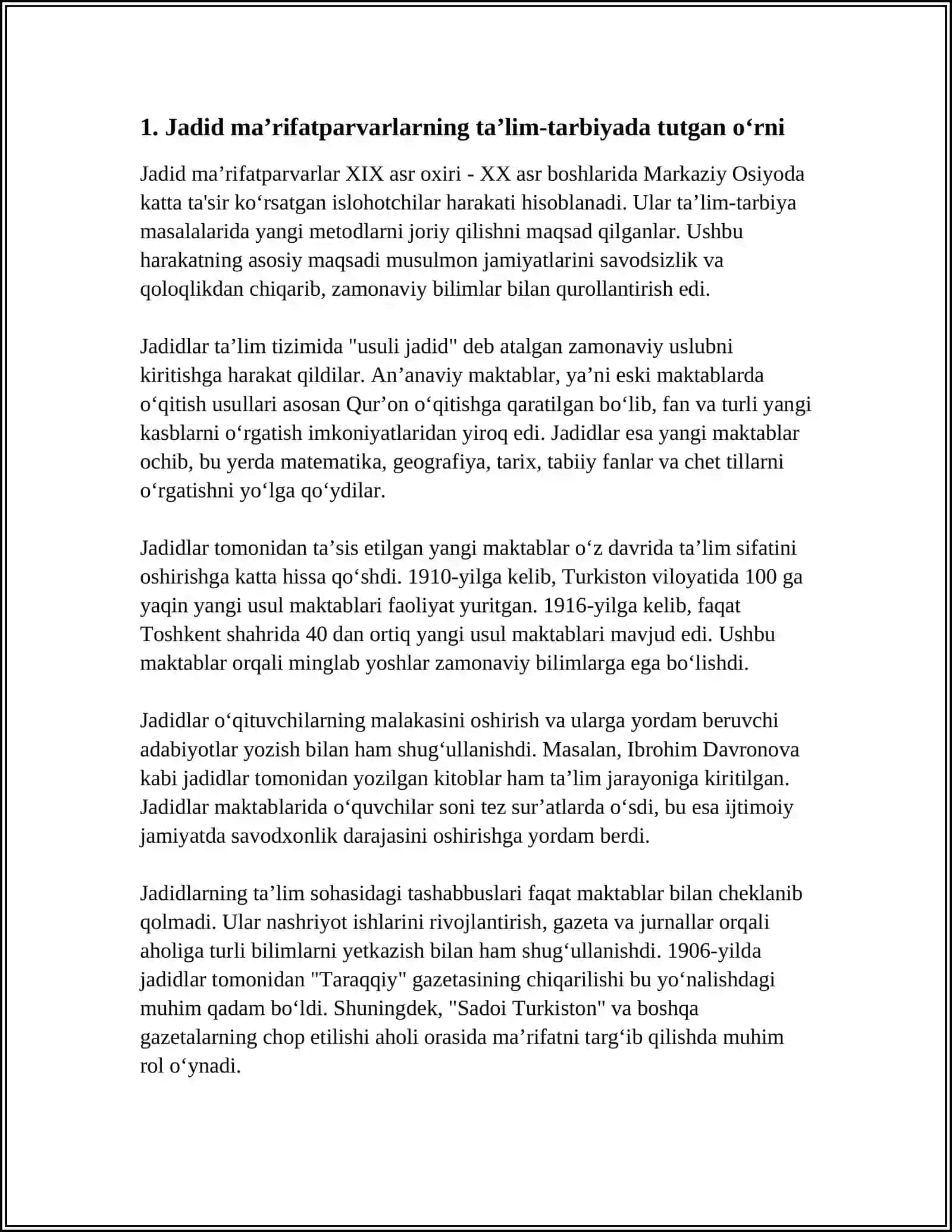 JADID MAʼRIFATPARVARLARINING OʻLKA IJTIMOIY-MAʼNAVIY HAYOTIDA TUTGAN OʻRNI (MUNAVVAR QORI, FITRAT, BEHBUDIY, AVLONIY VA BOSHQALAR) 3