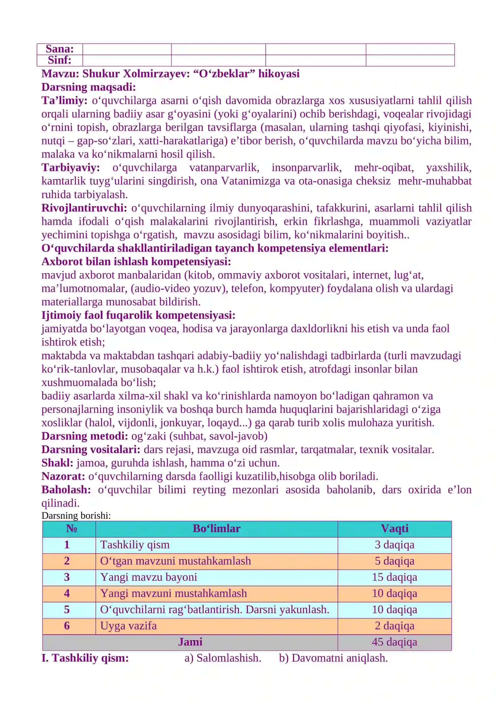 III chorak adabiyot fanidan DARS ISHLANMALARI “TASDIQLAYMAN” 3