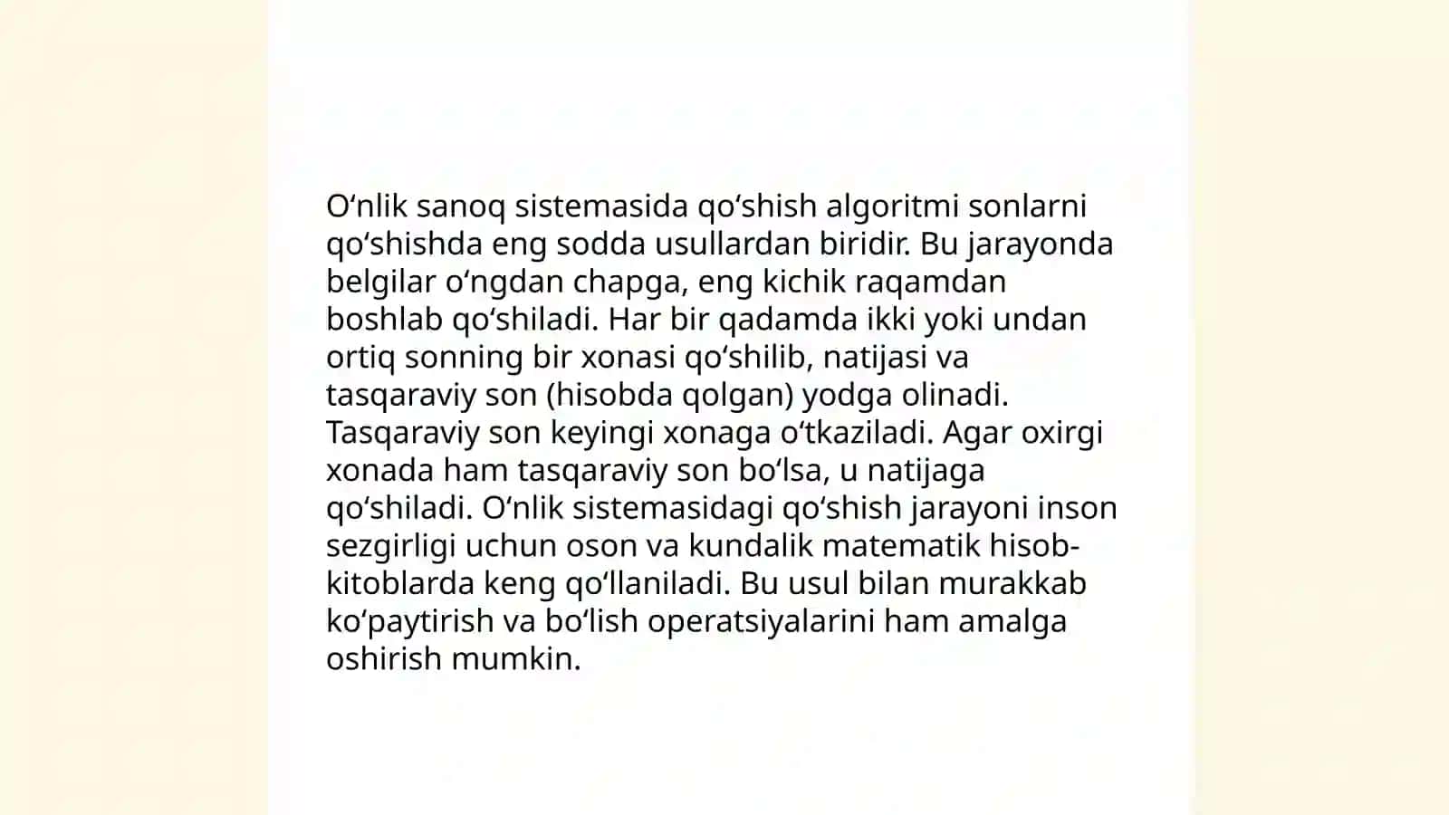 Oʻnlik sanoq sistemasidagi nomanfiy butun sonlarni arifmetik amallarning algoritmi 3