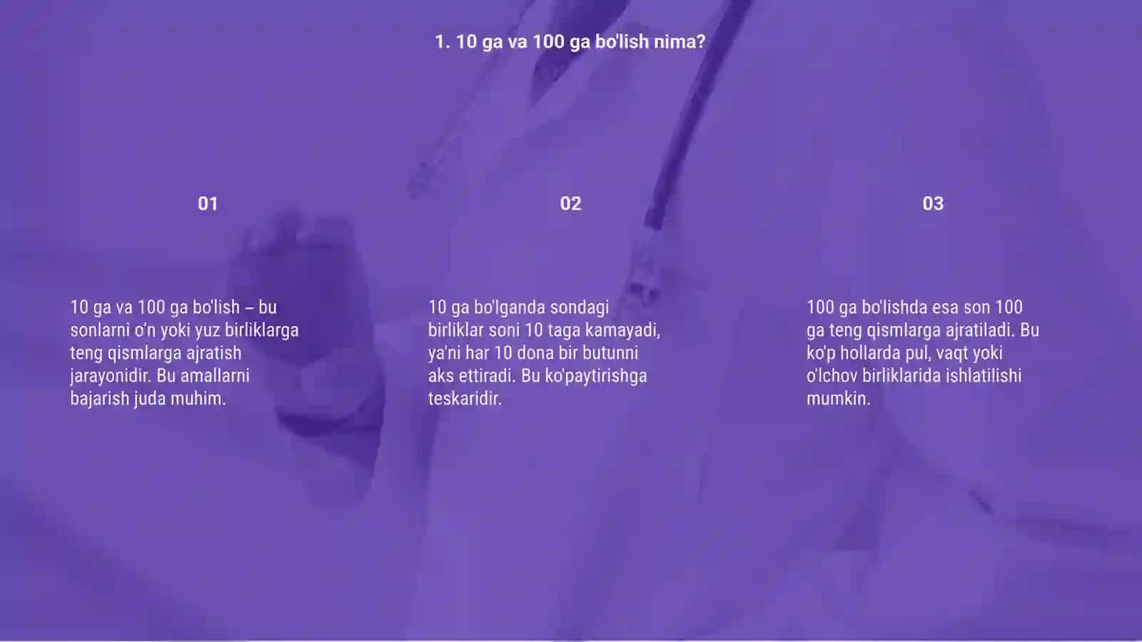 2-sinf matematika fanidan 10 ga va 100 ga bo'lish mavzusida taqdimot 3