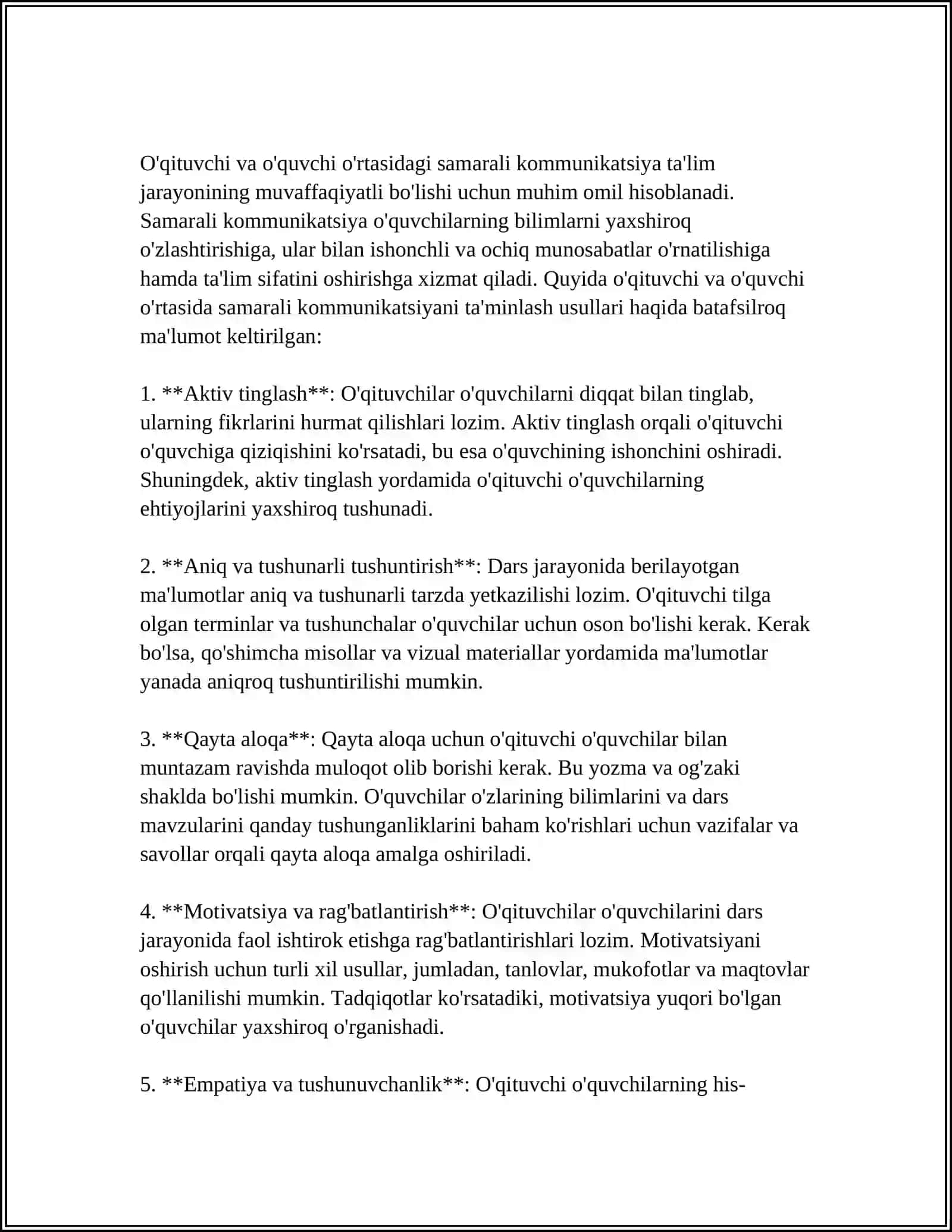 O'QITIVCHI VA O'QUVCHI O'RTASIDAGI JONLI MULOQOTNI TASHKIL ETISH. PEDAGOGIK NIZOLAR VA ZIDDIYATLARNI BARTARAF ETISH 3