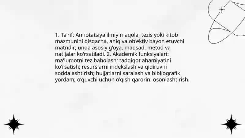 Annotatsiya va tezis akademik yozuv janrlari sifatida mavzusida 15 ta test tuzish kk 3