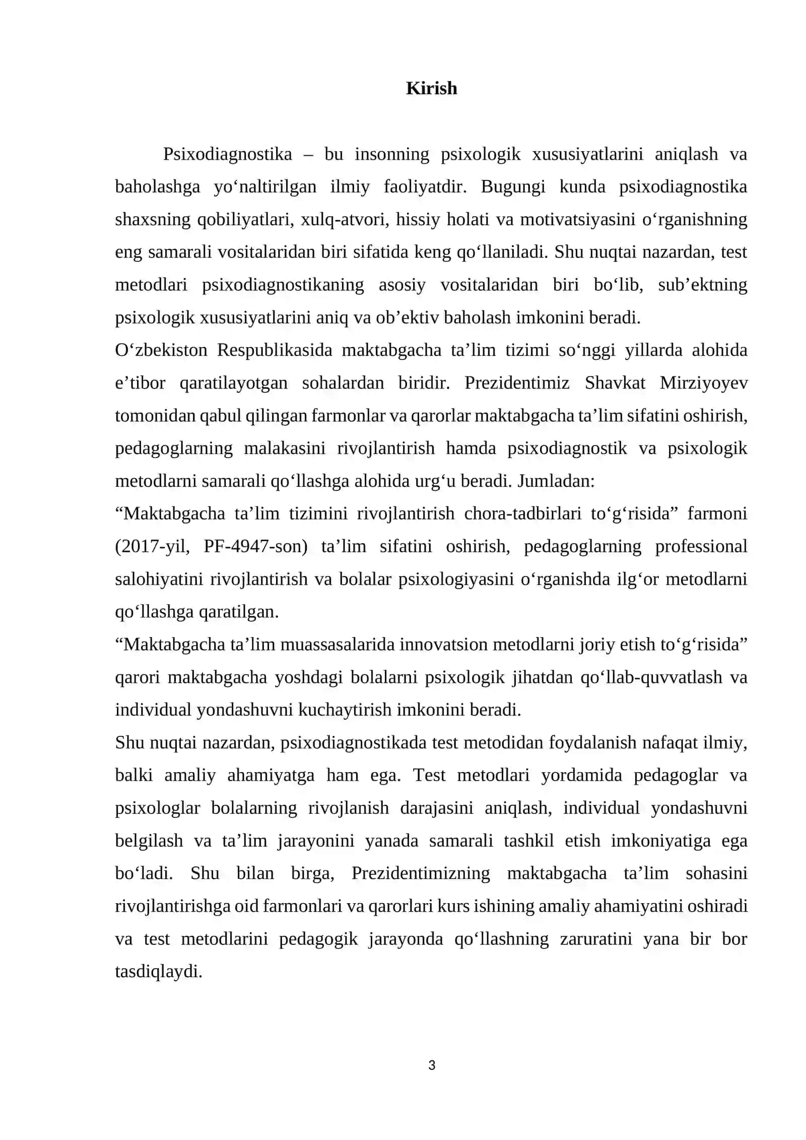 Psixodiagnostikani o'tkazishda test metodidan foydalanish kurs ishi 3