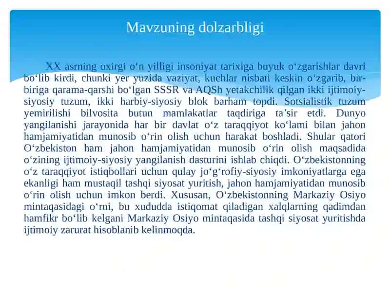 O‘zbekiston va jahon hamjamiyati. Yangi O‘zbekiston ijtimoiy-siyosiy, iqtisodiy va madaniy hayotida roʻy berayotgan oʻzgarishlarning xalqaro reyting va indekslarda aks etishi. 3