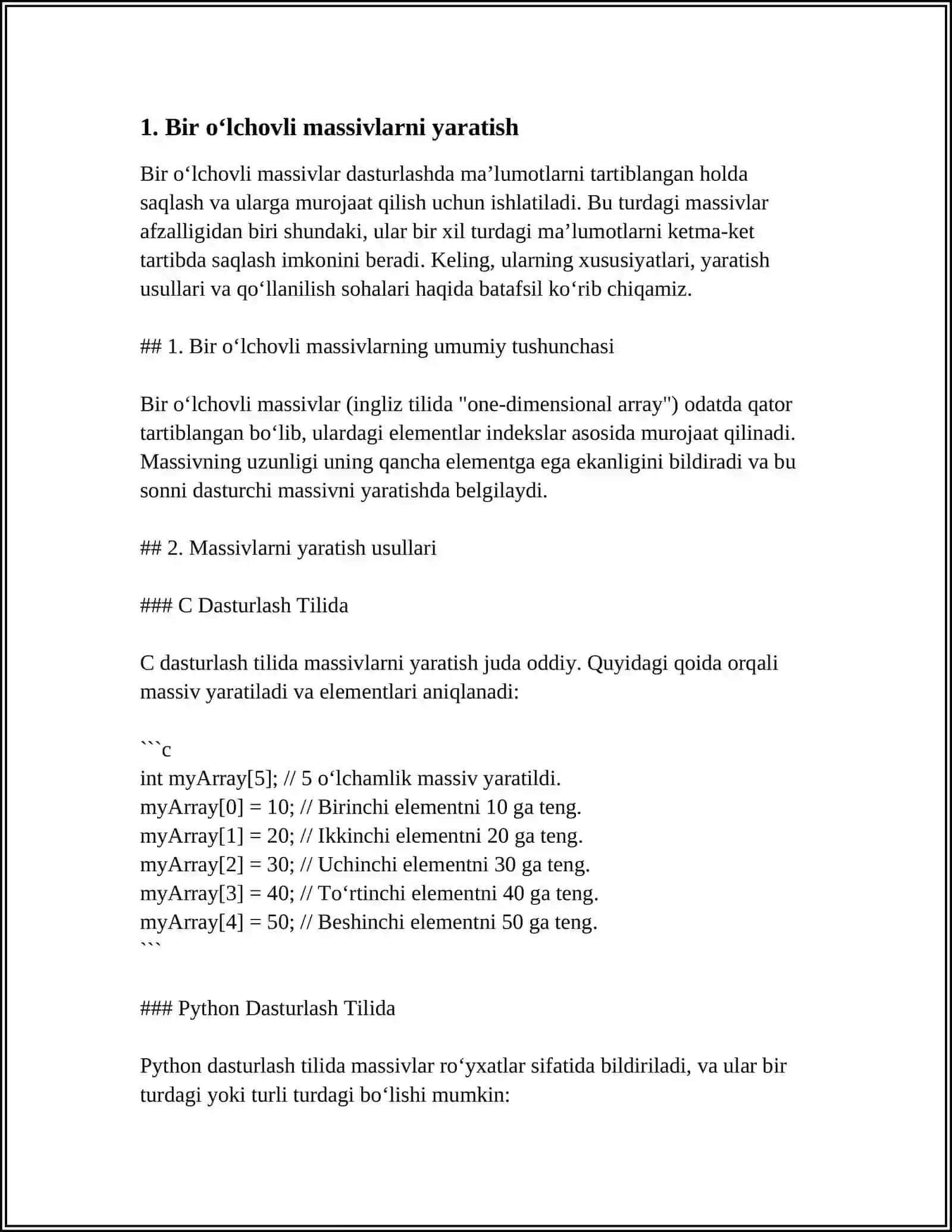 BIR O‘LCHOVLI VA KO‘P O‘LCHOVLI MASSIVLAR (C++ TILIDA) 3