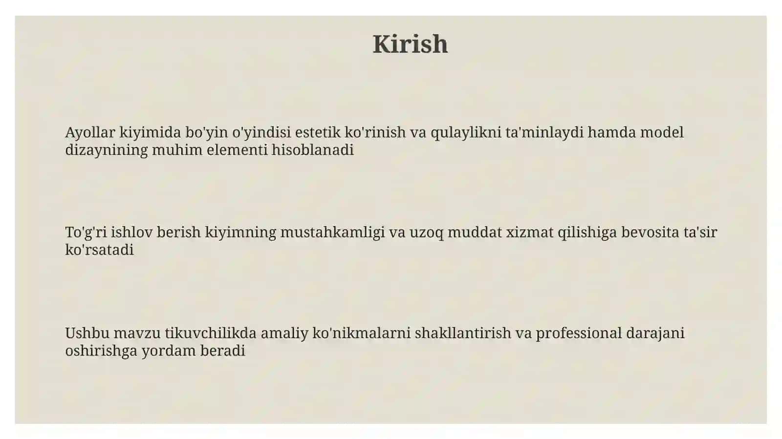 Ayolar kiyimlarning bo'yin o'yindilariga ishlov berish namunalarini tayyorlash 3