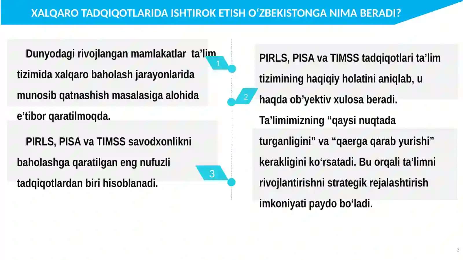 XALQARO BAHOLASH DASTURLARI (PIRLS, PISA va TIMSS) NATIJALARI ASOSIDA TAʼLIM SIFATINI OSHIRISH 3