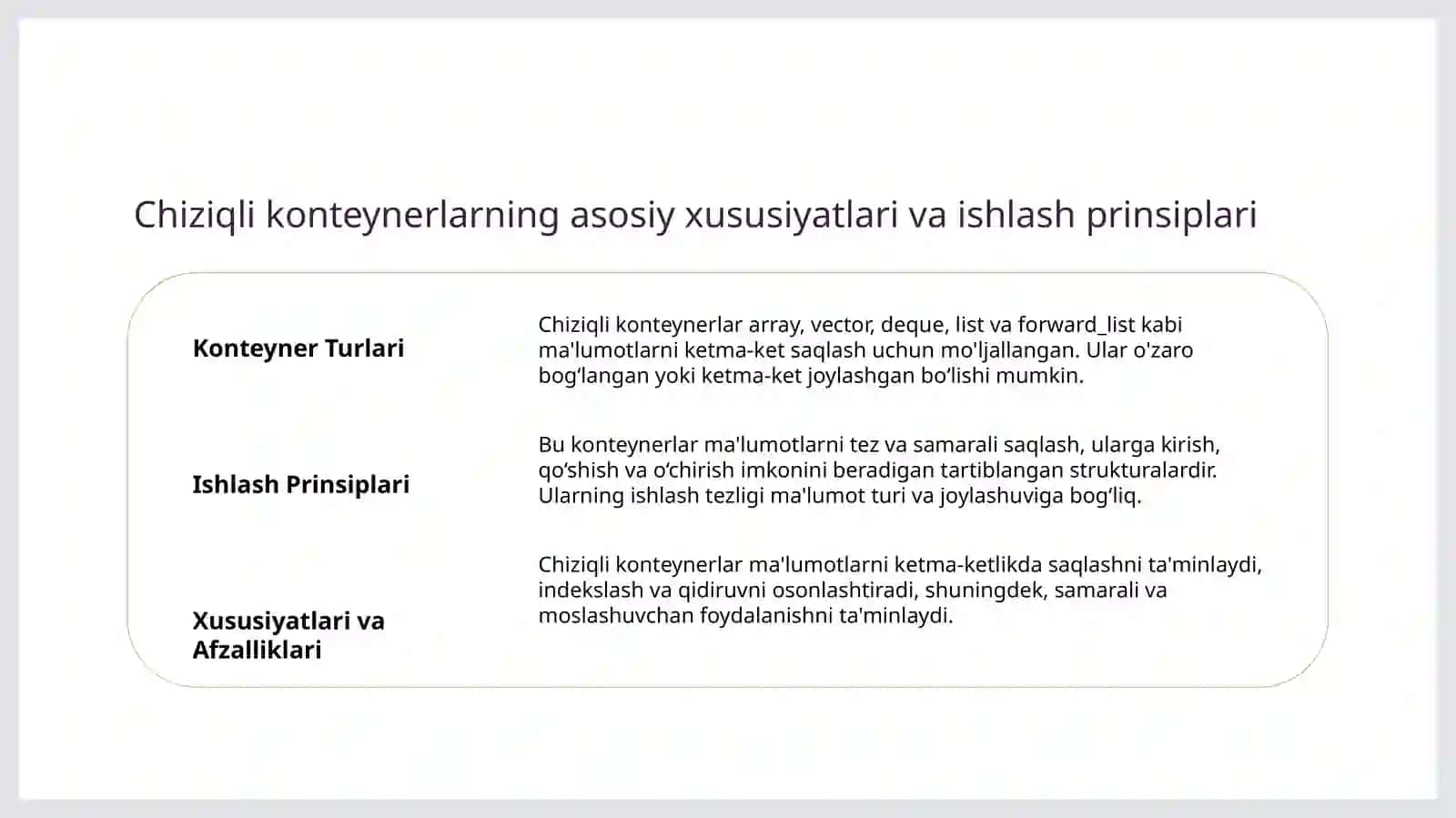 MT.2-STL kutubxonalari. Konteyner sinflar chiziqli konteynerlar (array, vector,deque,list,forward_list) va (map,multiset, multimap)ustida amallar bajarish 3