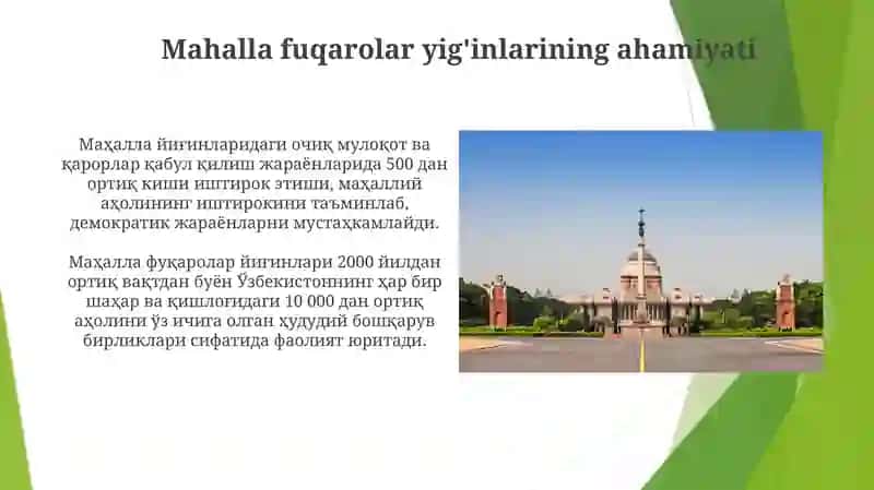 Mahalla instituti demokratiya uchun muhim qadam shu mavzu bo'yicha slayd tayyorlab ber 3