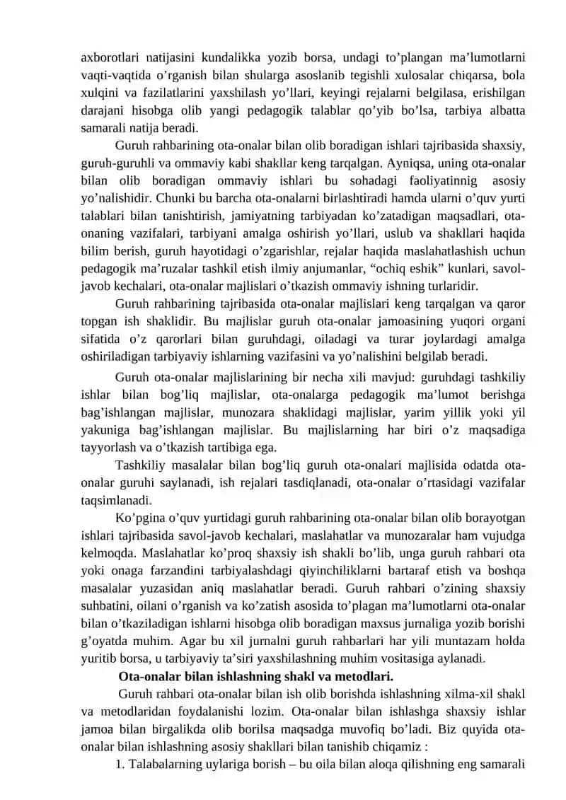 Guruh rahbarining ota onalar bilan olib boradigan ish shakllari 3