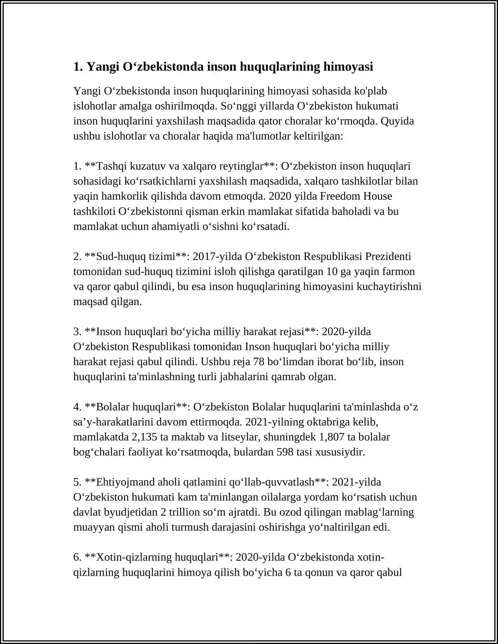 YANGI OʻZBEKISTONDA INSON HAQ HUQUQLARI VA ERKINLIKLARINI YARATILISHI 3