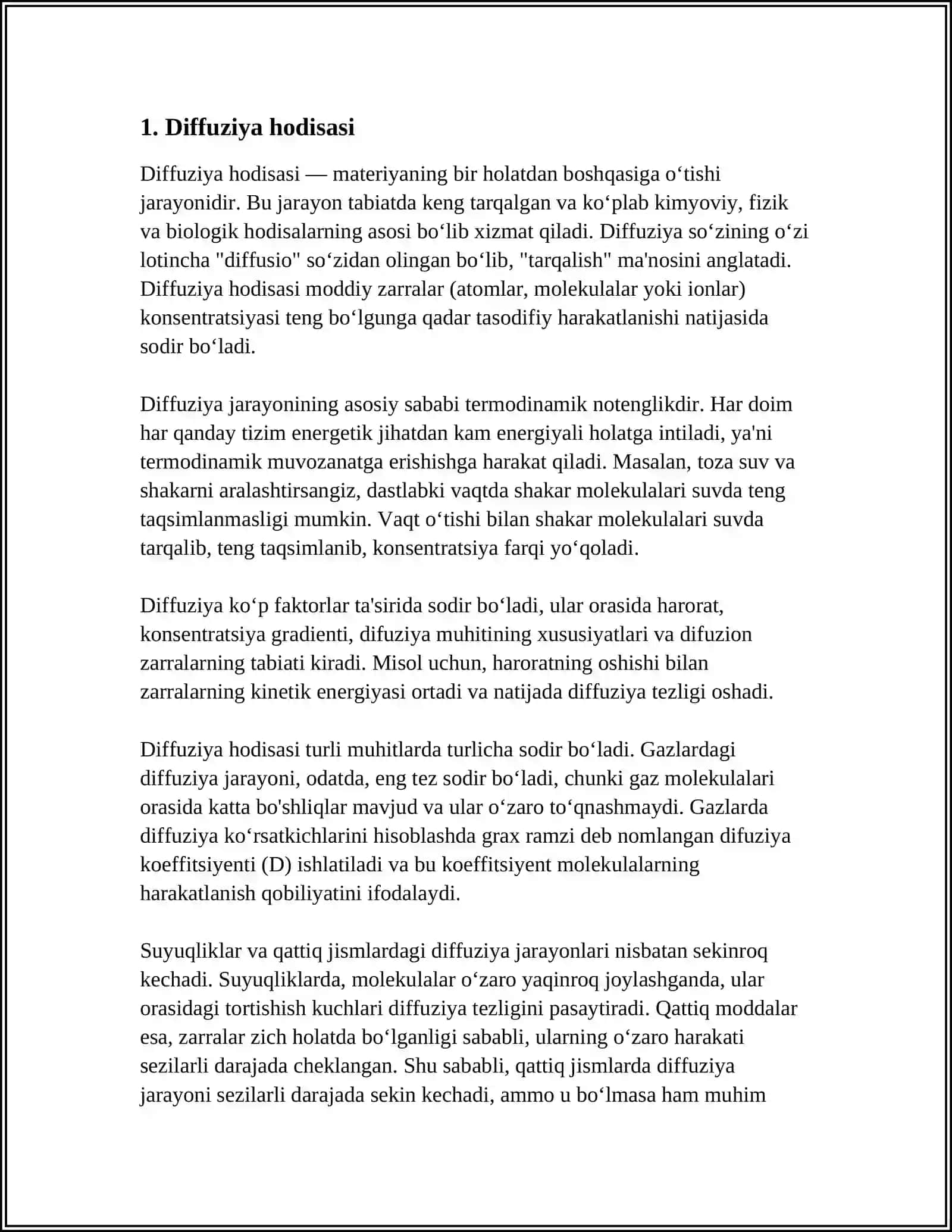 KO' CHISH HODISALARI. DIFFUZIYA, ISSIGLIK O'TKAZUVCHANLIK VA QOVUSHQOQLIK 3