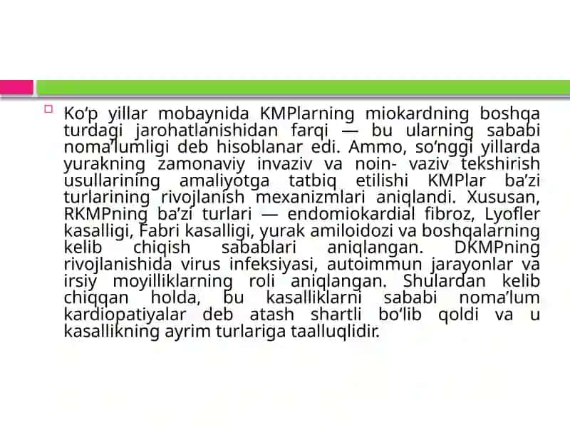 Yurak shovqinlari va kardiomegaliya. Kardiomiopatiyaning turli xil klinik formalari (dilyatatsion, restriktiv, gipertrofik, o‘ng qorinchaning aritmogendisplaziyasi)da taqqoslama tashxisot. Kardiomiopatiya, Yurak nuqsonlari, YUIK, gipertoniya kasalliklari o‘rtasida taqqoslama tashxisot. OSH taktikasi 3