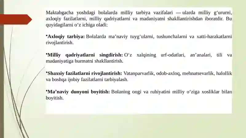 Maktabgacha ta'lim tarbiyalanuvchilarni milliy tarbiyalashning o'ziga xos hususiyatlari 3