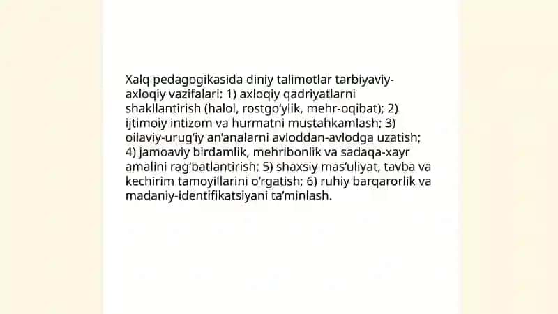 Xalq pedagogikasining talimiy-tarbiyaviy goyalarini aks ettiruvchi diniy talimotlar 3