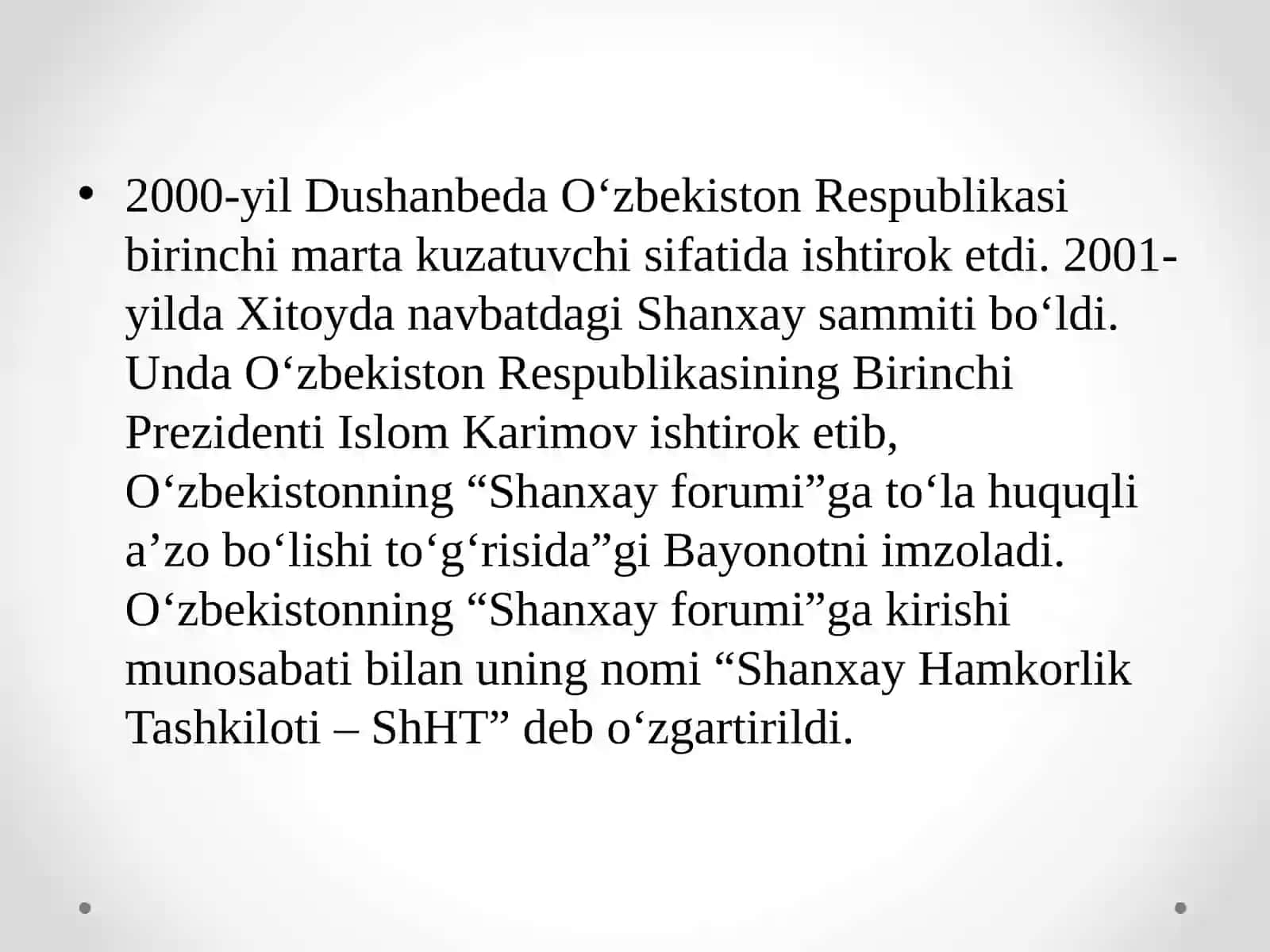 O‘zbekistonning Shanxay Hamkorlik Tashkiloti bilan aloqalari 3