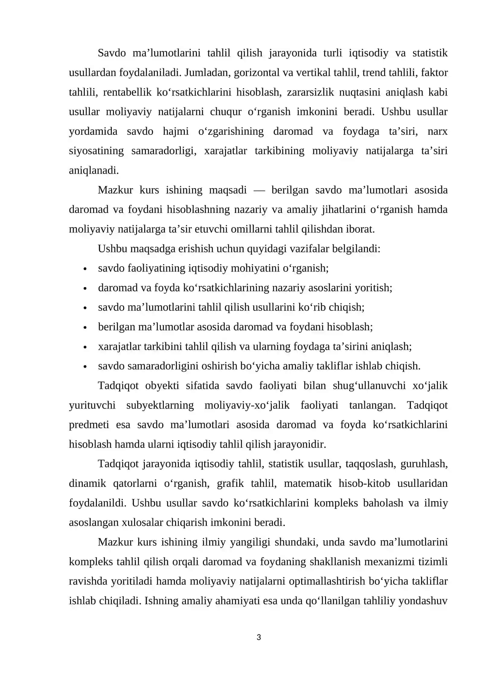 SAVDO MA’LUMOTLARINI TAHLIL QILISH – BERILGAN SAVDO MA’LUMOTLARI ASOSIDA DAROMADLAR VA FOYDANI HISOBLASH. 3
