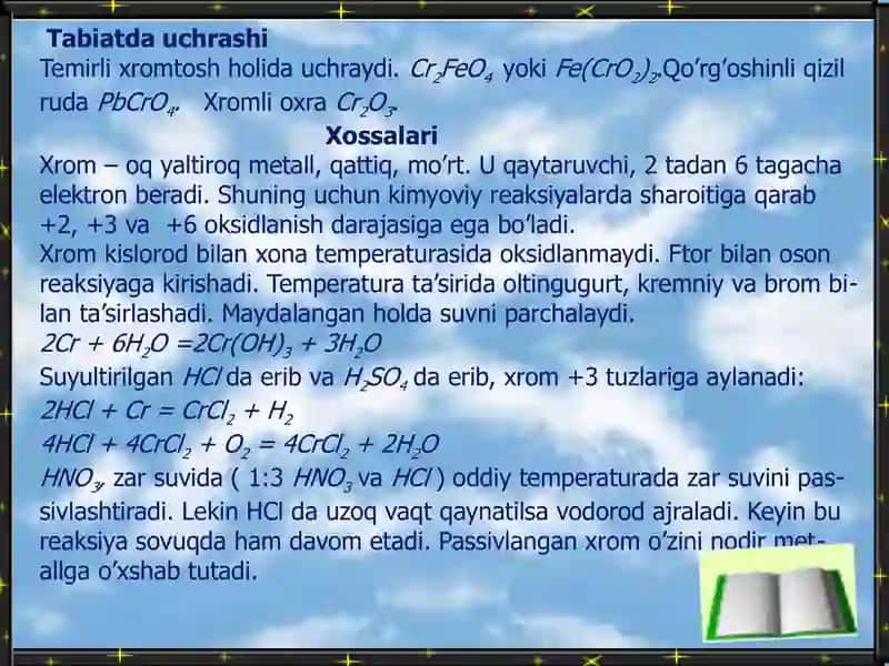 VI B guruh elementlari.  Xrom  va uning birikmalari. 3