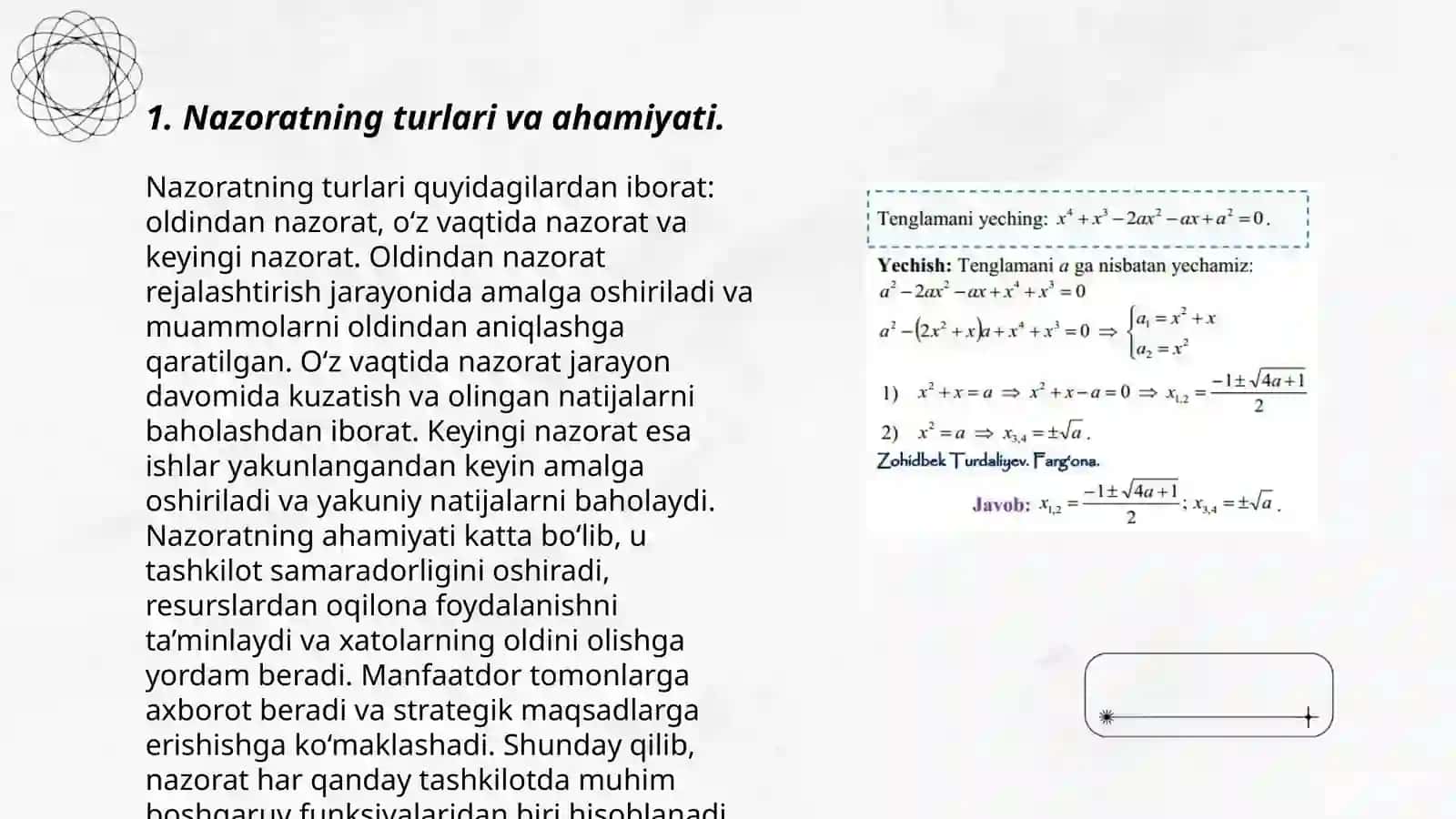 Nazorat turlari, metodlari va shakllari. O’qitish natijalarini tekshirishda test nazoratining o’rni 3