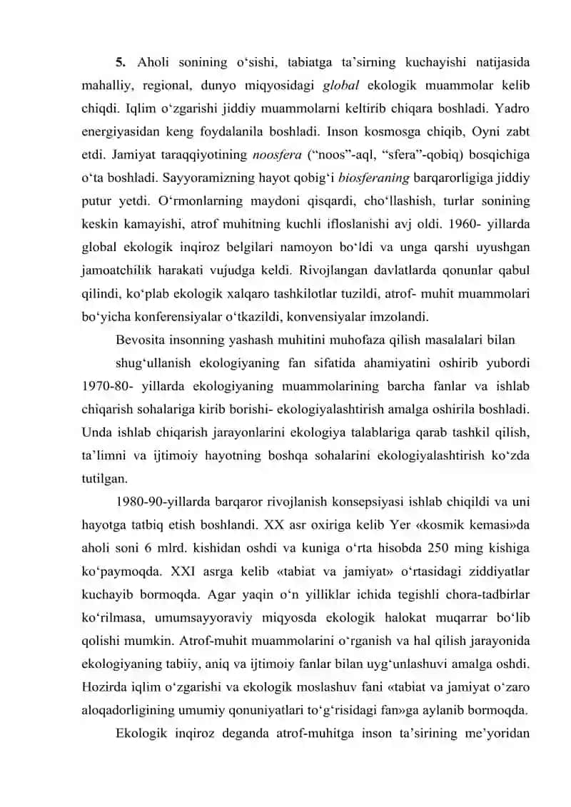 EKOLOGIK MUAMMOLARNING MOHIYATI, OQIBATLARI VA HAL ETISH YO‘LLARI. EKOLOGIK MADANIYAT. 3