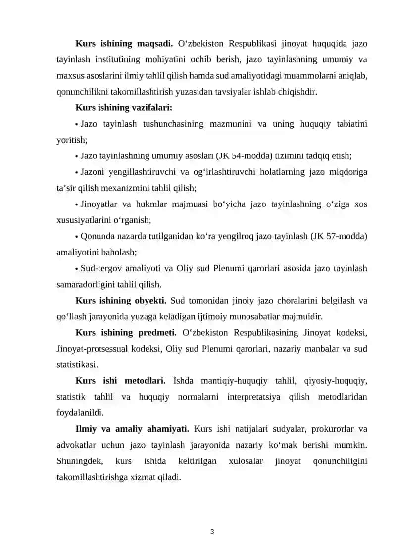 O‘ZBEKISTON JINOYAT HUQUQIDA JAZO TAYINLASH INSTITUTI: NAZARIYA VA AMALIYOT 3