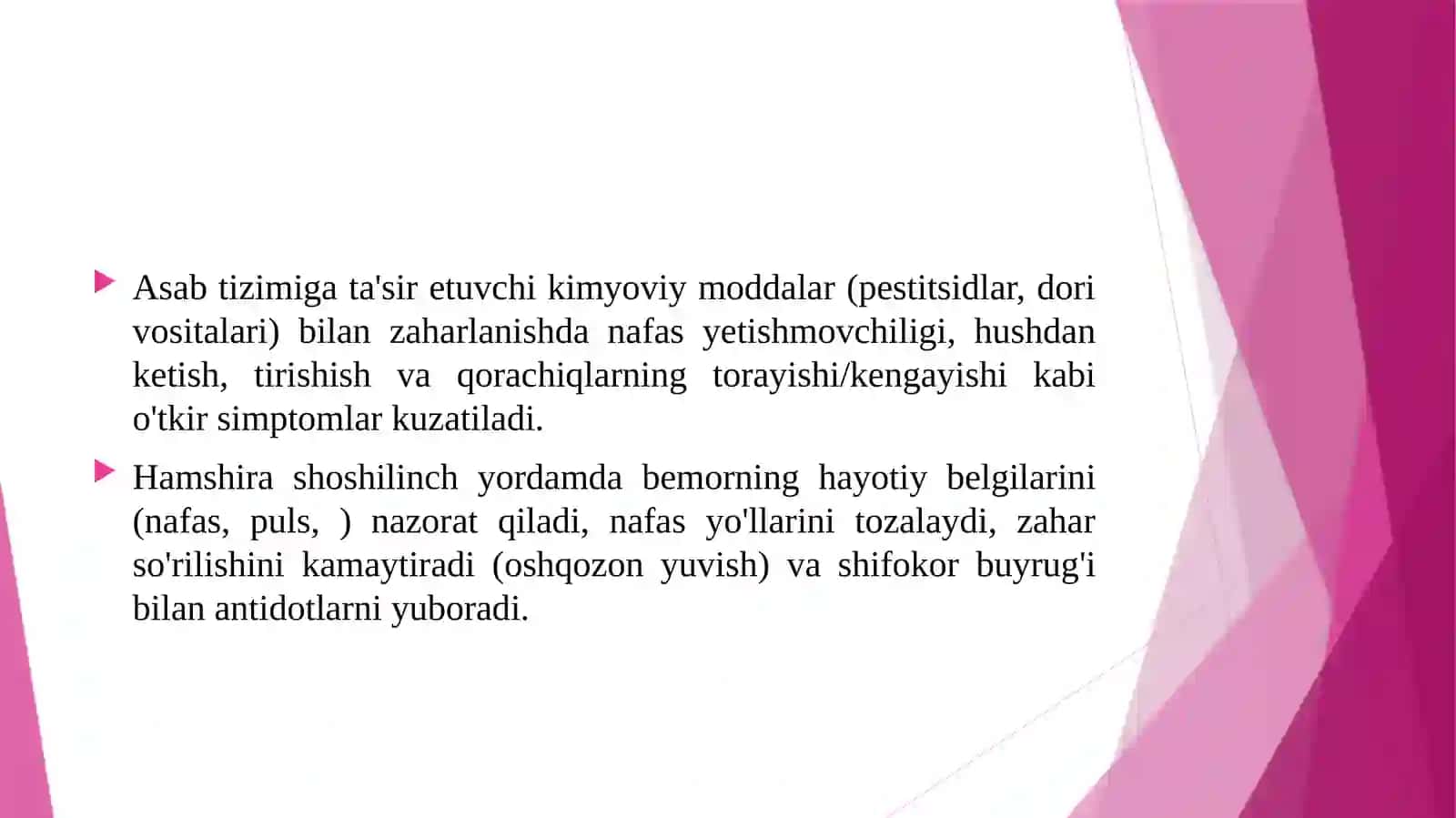 Asab tizimining zaharli ximikatlari va ayrim dori moddalari bilan zaharlanishda uchraydigan simtomlar shoshilinch yordam ko'rsatishda amaliyot hamshirasining roli 3