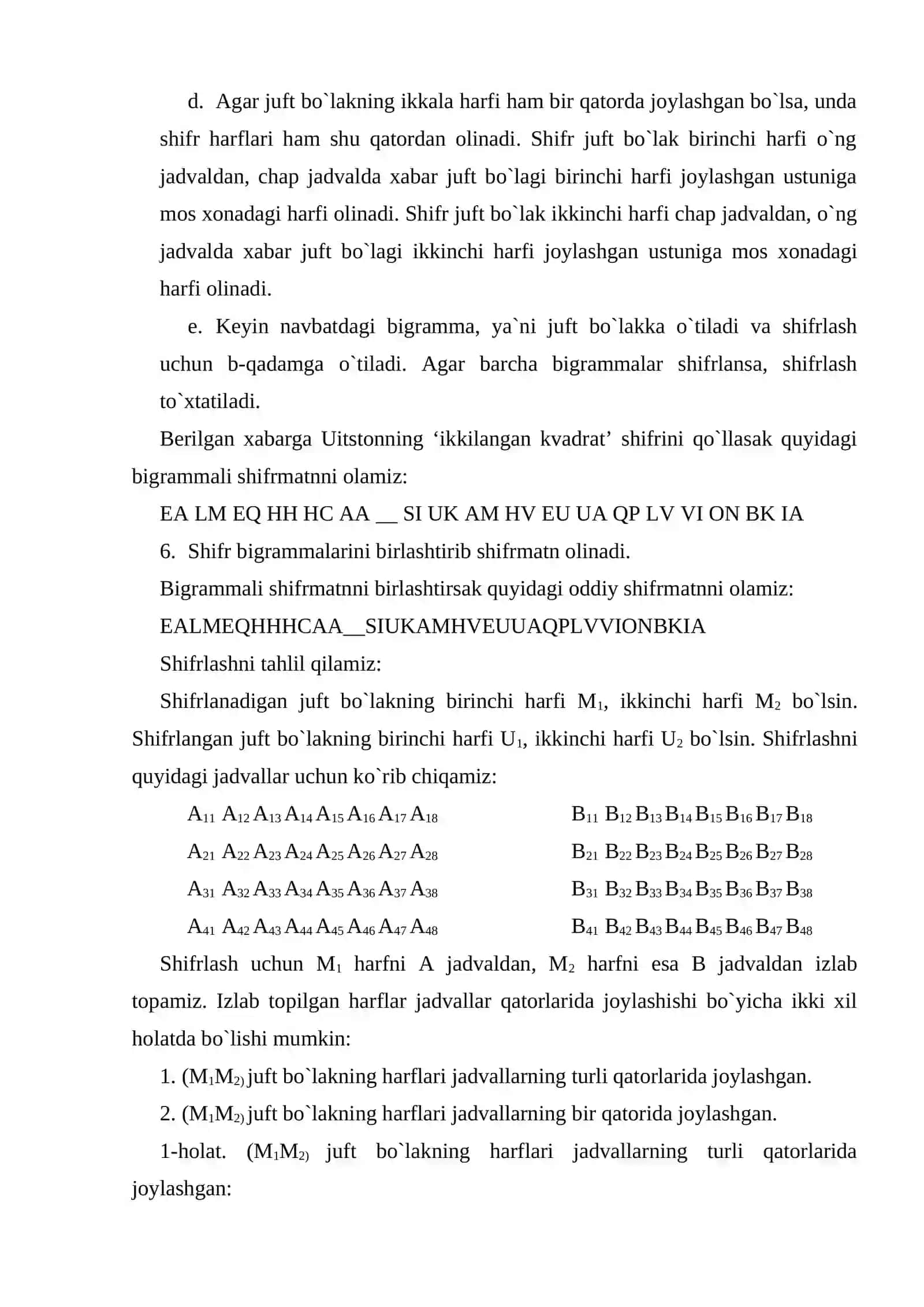 Uinstonning “ikkilangan kvadrat” usulida matnni shifrlash va deshifrlash 3
