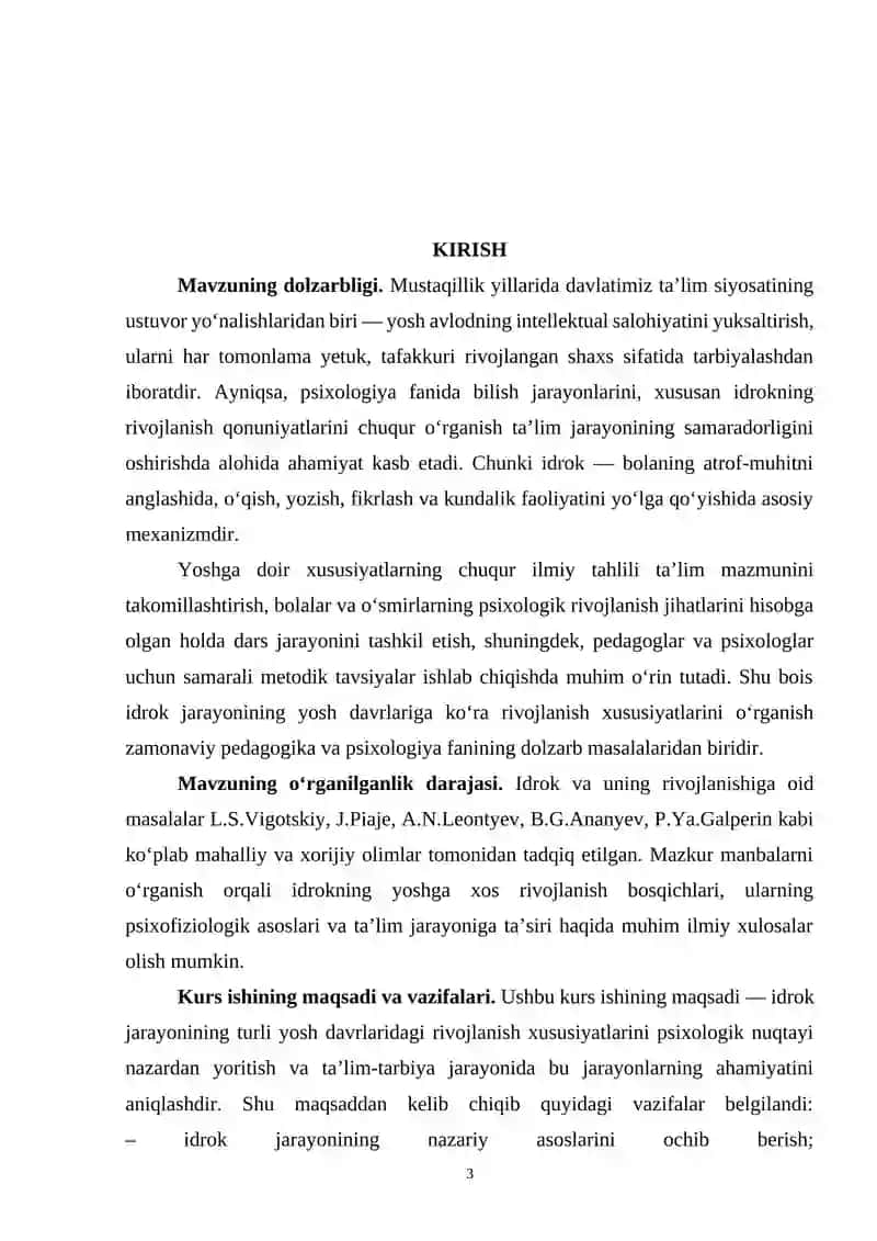 IDROK JARAYONINING YOSHGA DOIR XUSUSIYATLARI MAVZUSIDA KURS ISHI 3