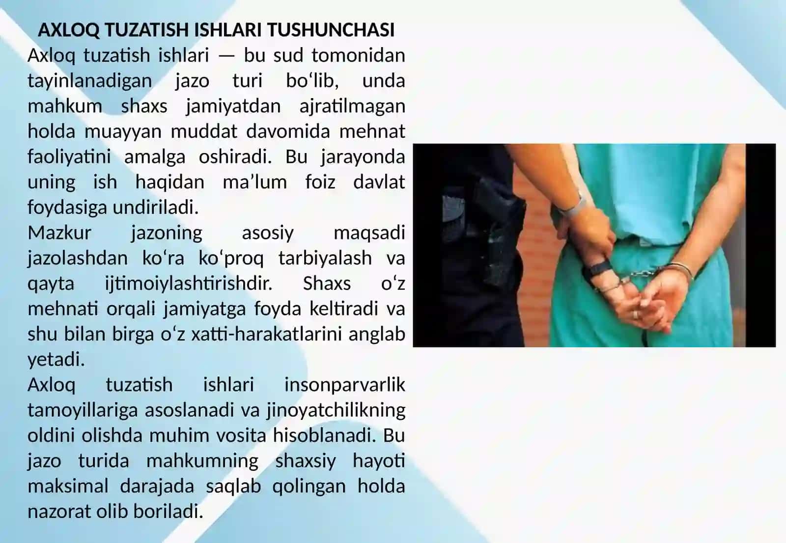 Axloq tuzatish ishlariga jalb qilish haqidagi hukmlarni (ajrimlarni) ijroga qabul qilish va rasmiylashtirish va axloq tuzatish ishlariga hukm qilingan prabatsiya nazoratidagi shaxslarning shaxsiy hisobini yuritish   REJA: Kirish Axloq tuzatish ishlari tushunchasi Hukmlarni ijroga qabul qilish tartibi Probatsiya nazorati tushunchasi Shaxsiy hisob hujjatlari Xulosa 3