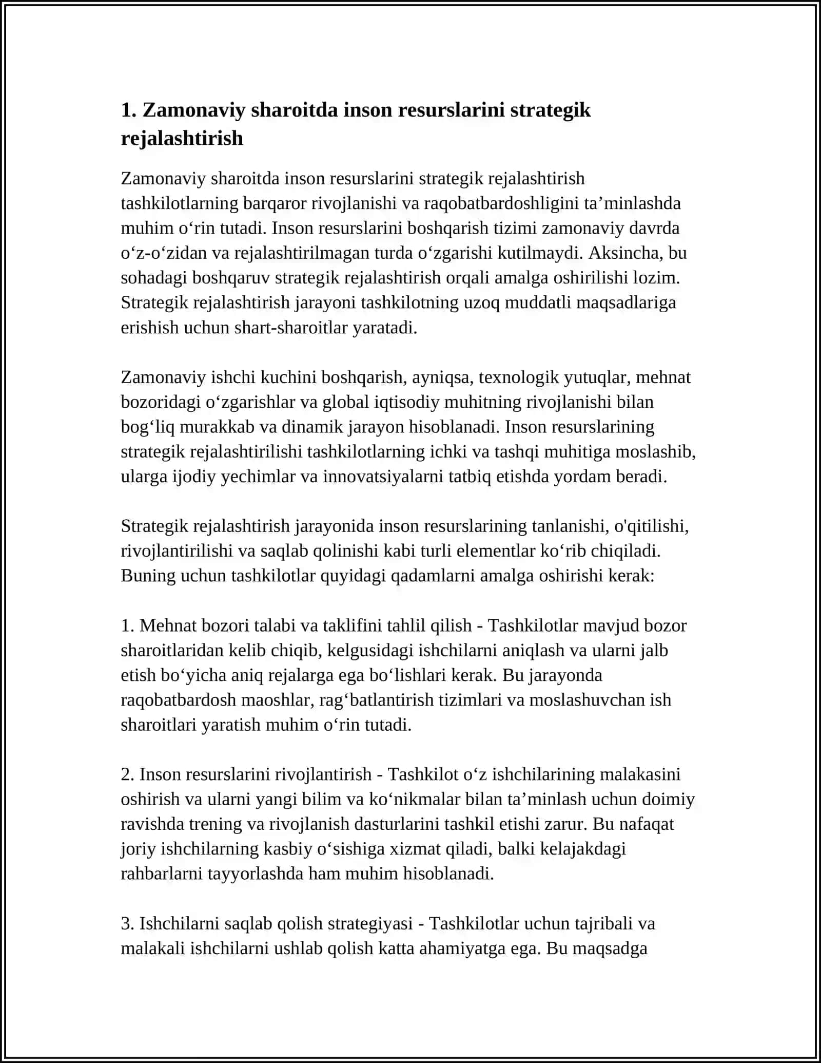 Zamonaviy sharoitlarda inson resurslarini boshqarishning tutgan o'rni va strategiyasi 3