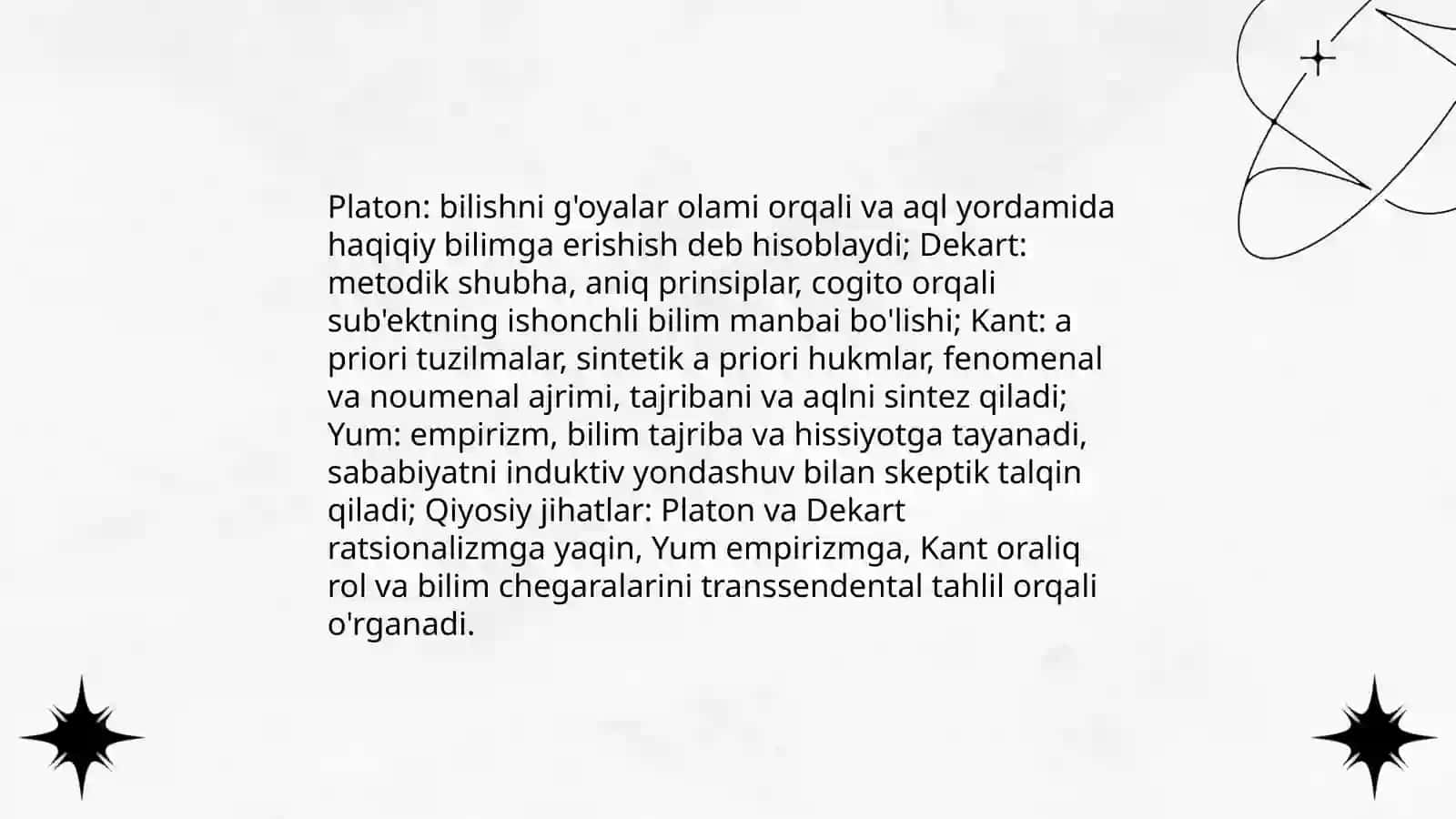 Yevropa mutaffakirlari Platon, I.Kant, R.Dekart, D.Yumning falsafaga oid qarashlarini qiyosiy tahlili 3