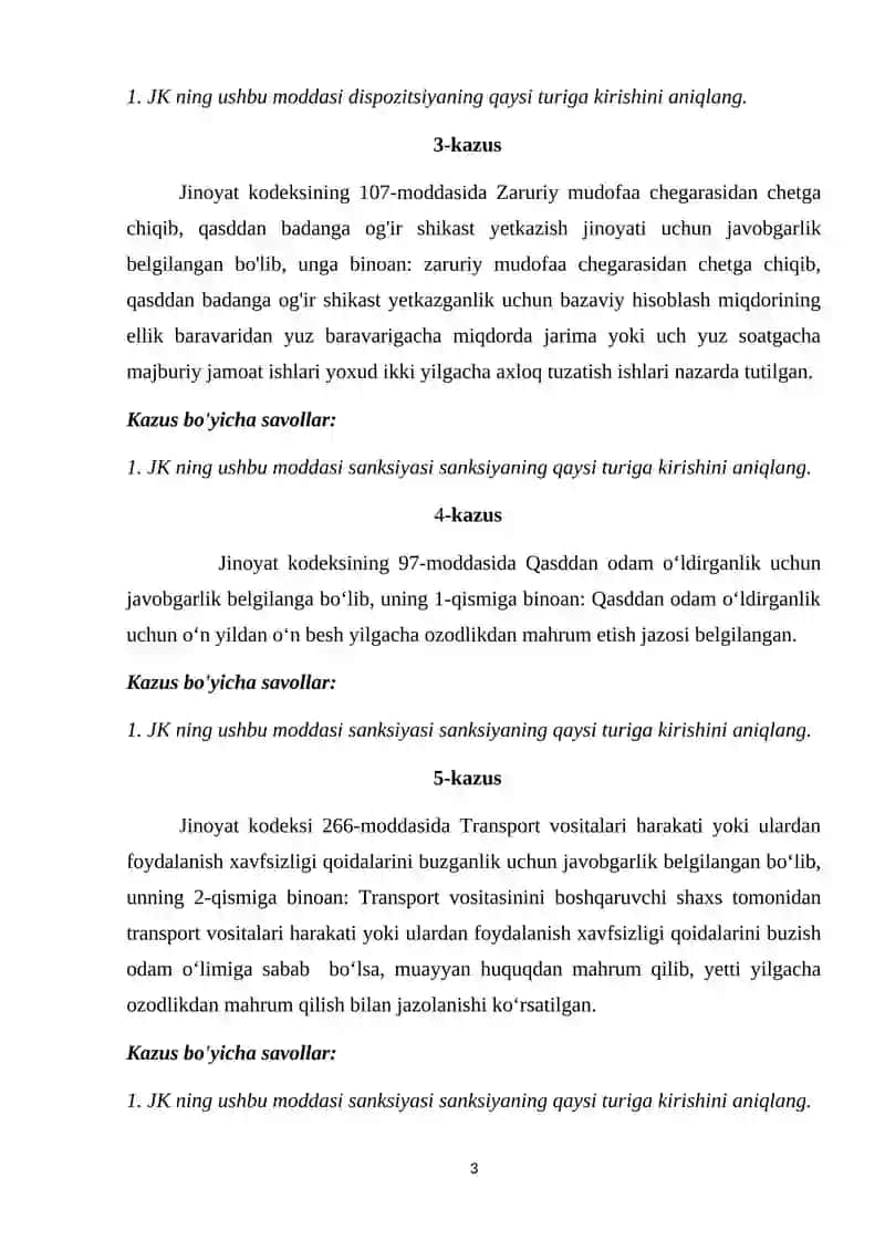 Jinoyat Huquqi (Umumiy Qism) Kazuslar To'plami 3
