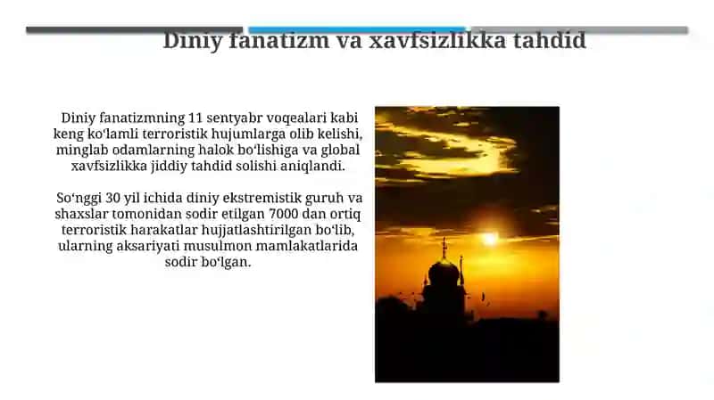 Diniy fanatizm, fundamentalizm va terrorizmning tarixi va hozirgi davrda xavfsizlikka tahdidi 3