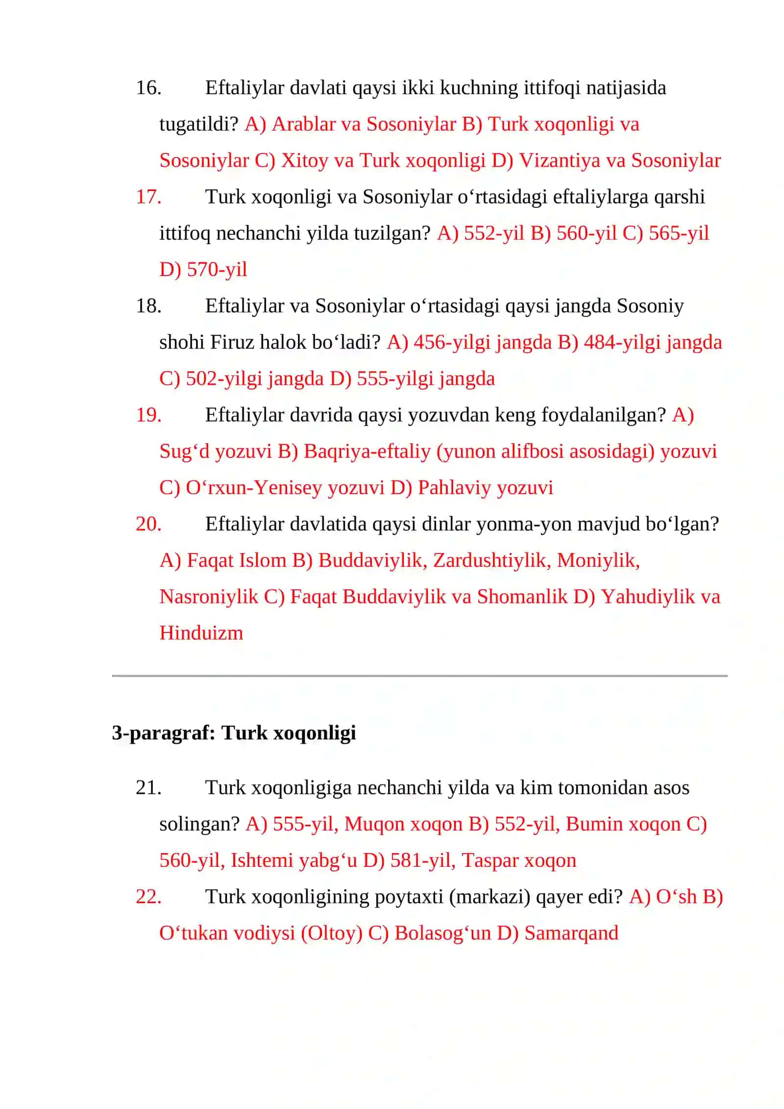 7-sinf TARIX fanidan mavzulashtirilgan DTMga tushadigan 1-10 paragrifdan testlar to’plami 3