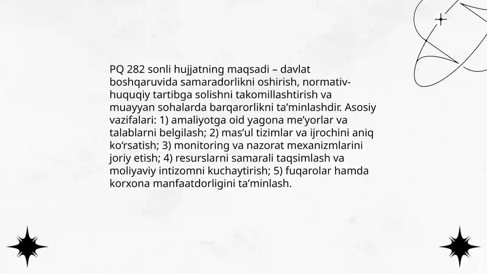 PQ 282 sonli hujjatning maqsadi va asosiy vazifalari 3