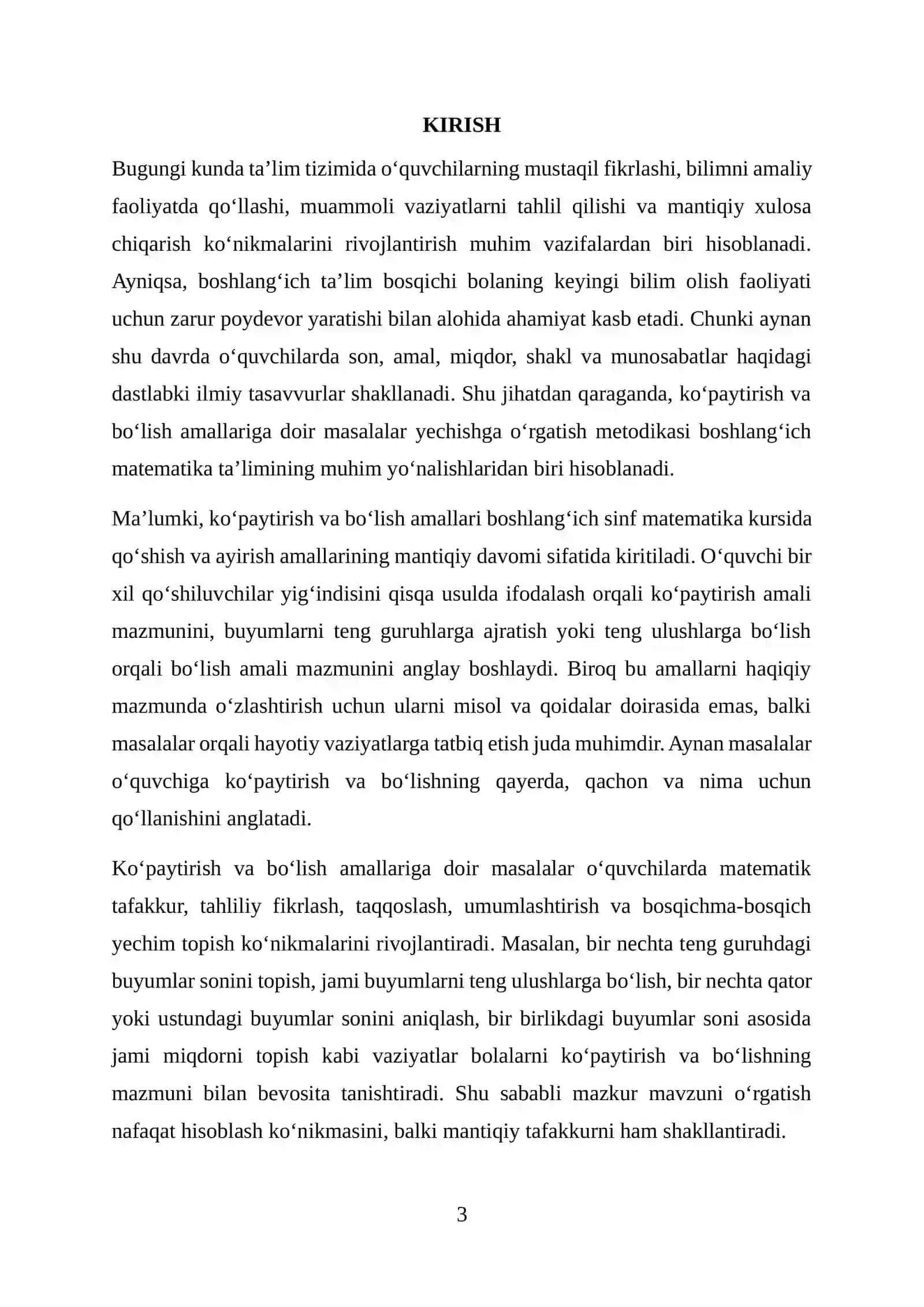 KO‘PAYTIRISH VA BO‘LISH AMALLARIGA DOIR MASALALAR YECHISHGA O‘RGATISH METODIKASI 3