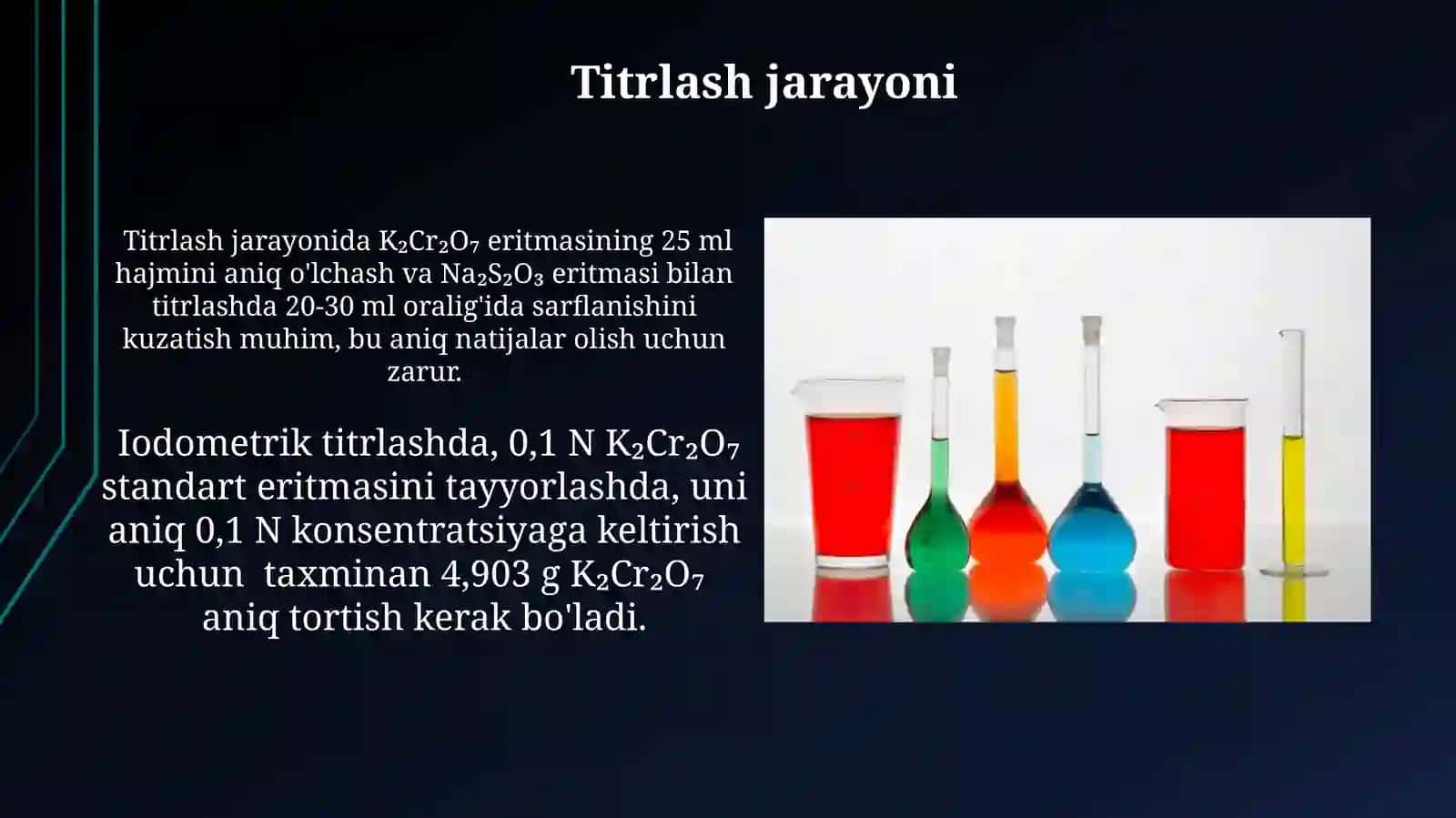Iodometrik titrlash usulida standart K2Cr2O7 va ishchi Na2S2O3 eritmalarini tayyorlash 3