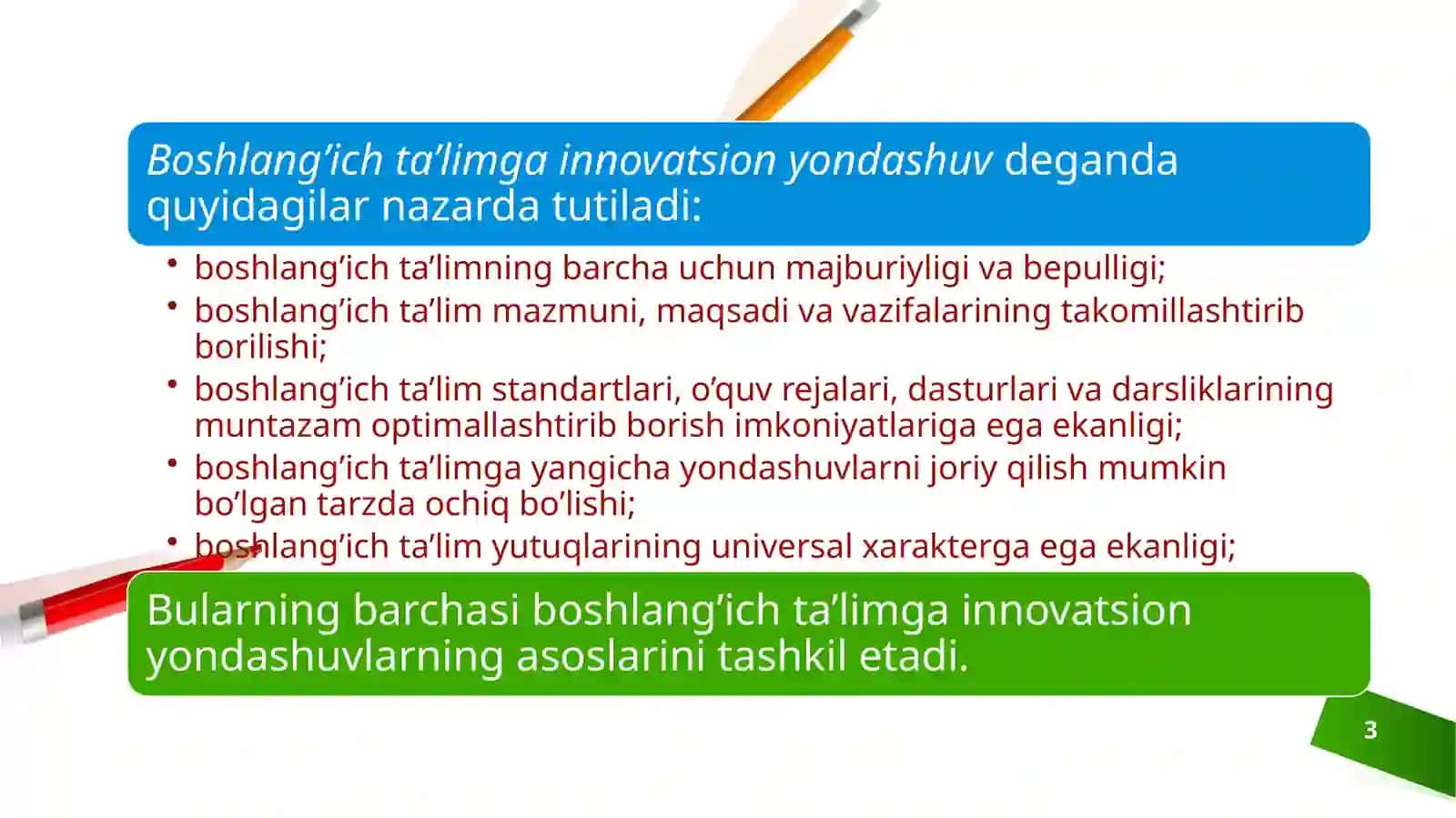 RIVOJLANGAN DAVLATLARDA BOSHLANĜICH TA'LIMNING INNOVATION TEXNOLOGIYALARI. BOSHLANĜICH TA'LIMDA INTEGRATSIYA MOHIYATI. BOSHLANĜICH TA'LIMDA INTEGRATSION DARSLAR 3