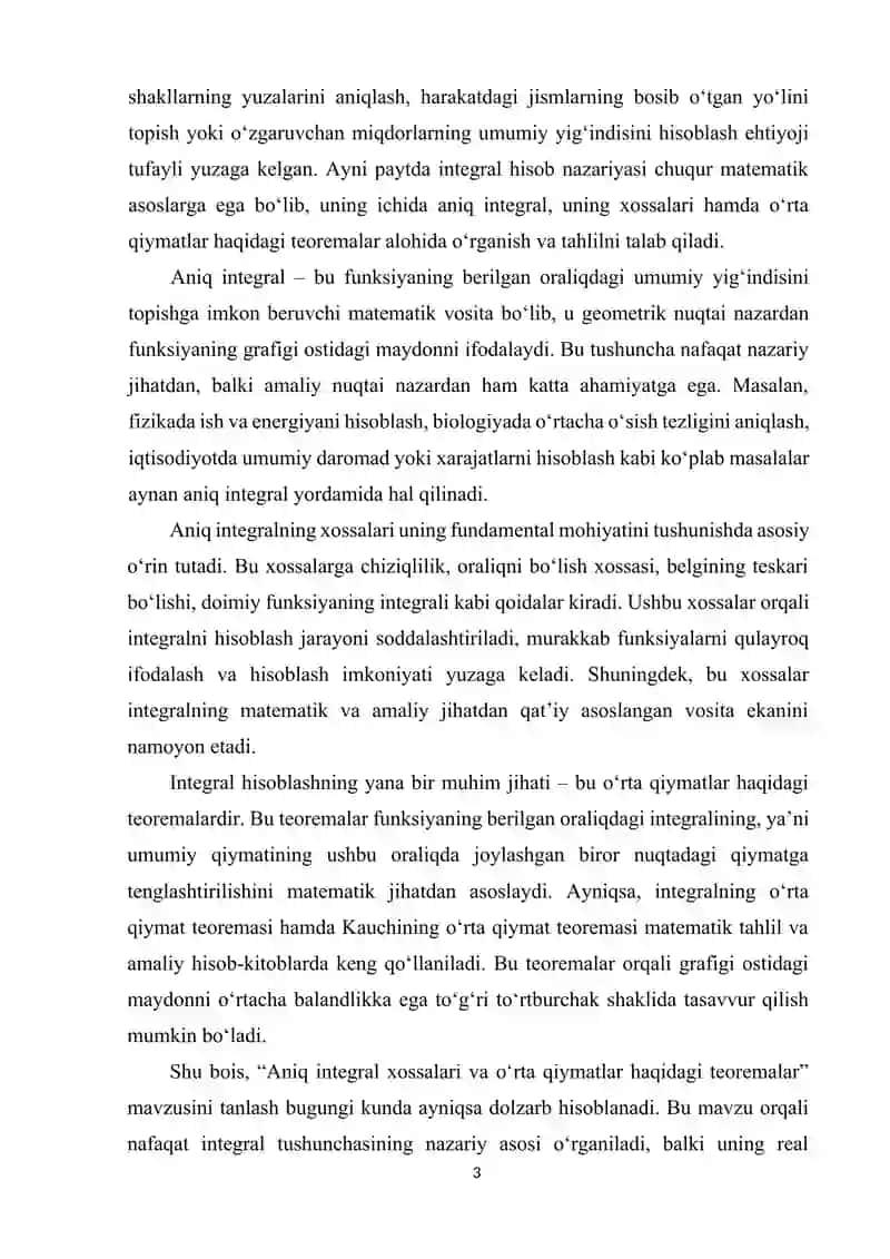 ANIQ INTEGRAL XOSSALARI VA O`RTA QIYMATLAR HAQIDAGI TEOREMALAR kurs ishi 3