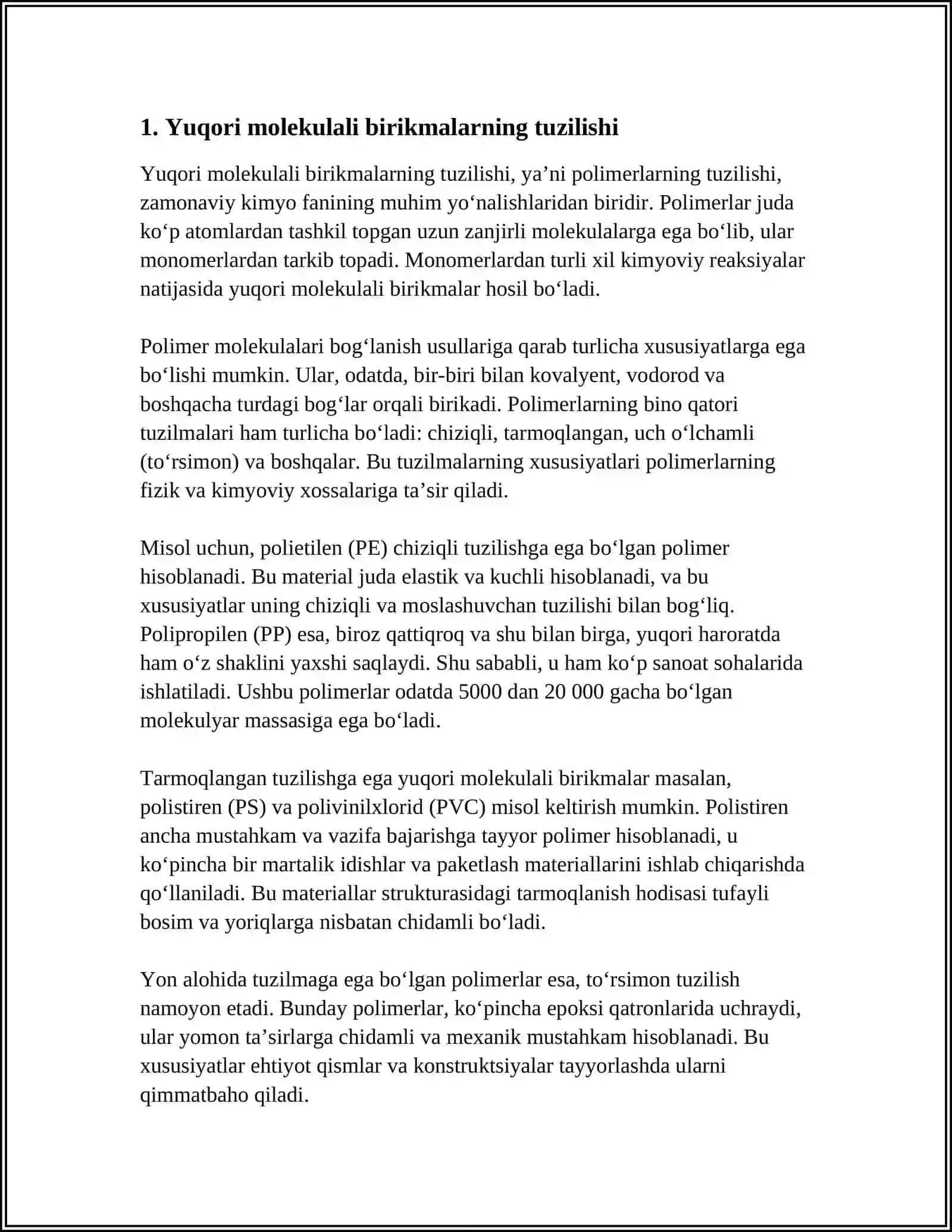 YUQORI MOLEKULALI BIRIKMALAR VA ULARNING XOSSALARI 3
