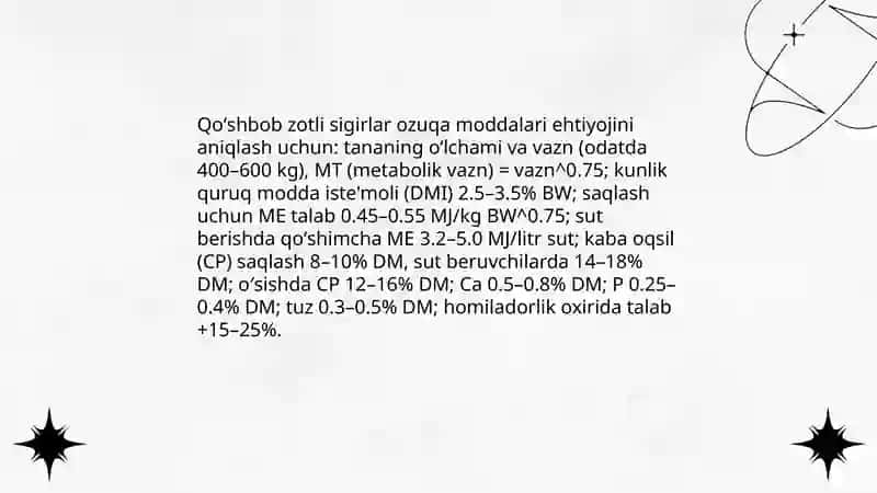 Qoʻshbob zotli sigirlar ozuqa meyorini belgilash va ratsion tuzish 3