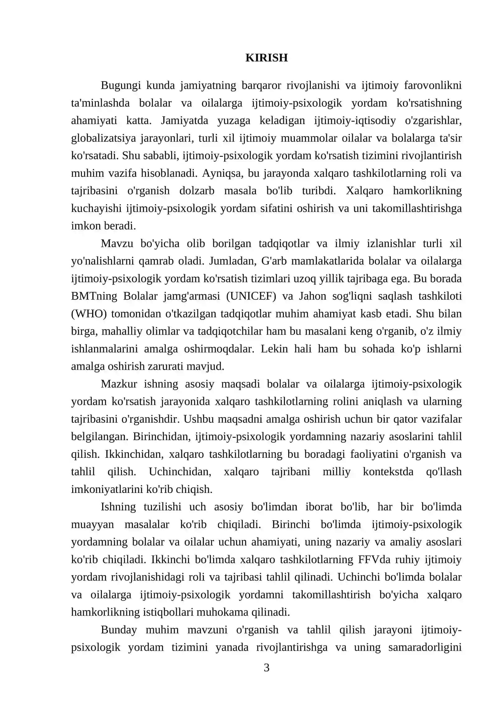 Bolalar va oilalarga ijtimoiy psixologik yordam. FFVda ruhiy ijtimoiy yordam rivojlanishida Xalqaro tashkilotlarning roli 3