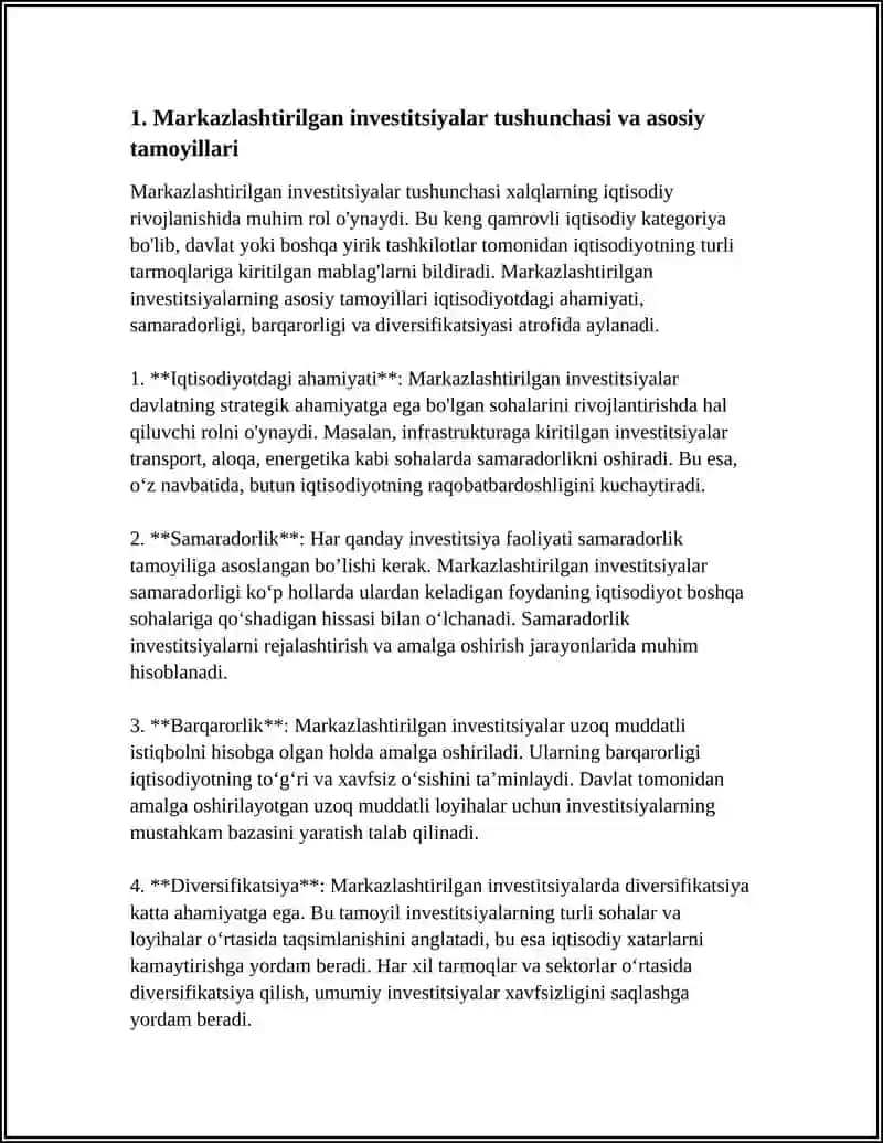 MARKAZLASHTIRILGAN INVESTITSIYALAR ORQALI AMALGA OSHIRILADIGAN INVESTITSIYA LOYIHALARINING XUSUSIYATLARI 3