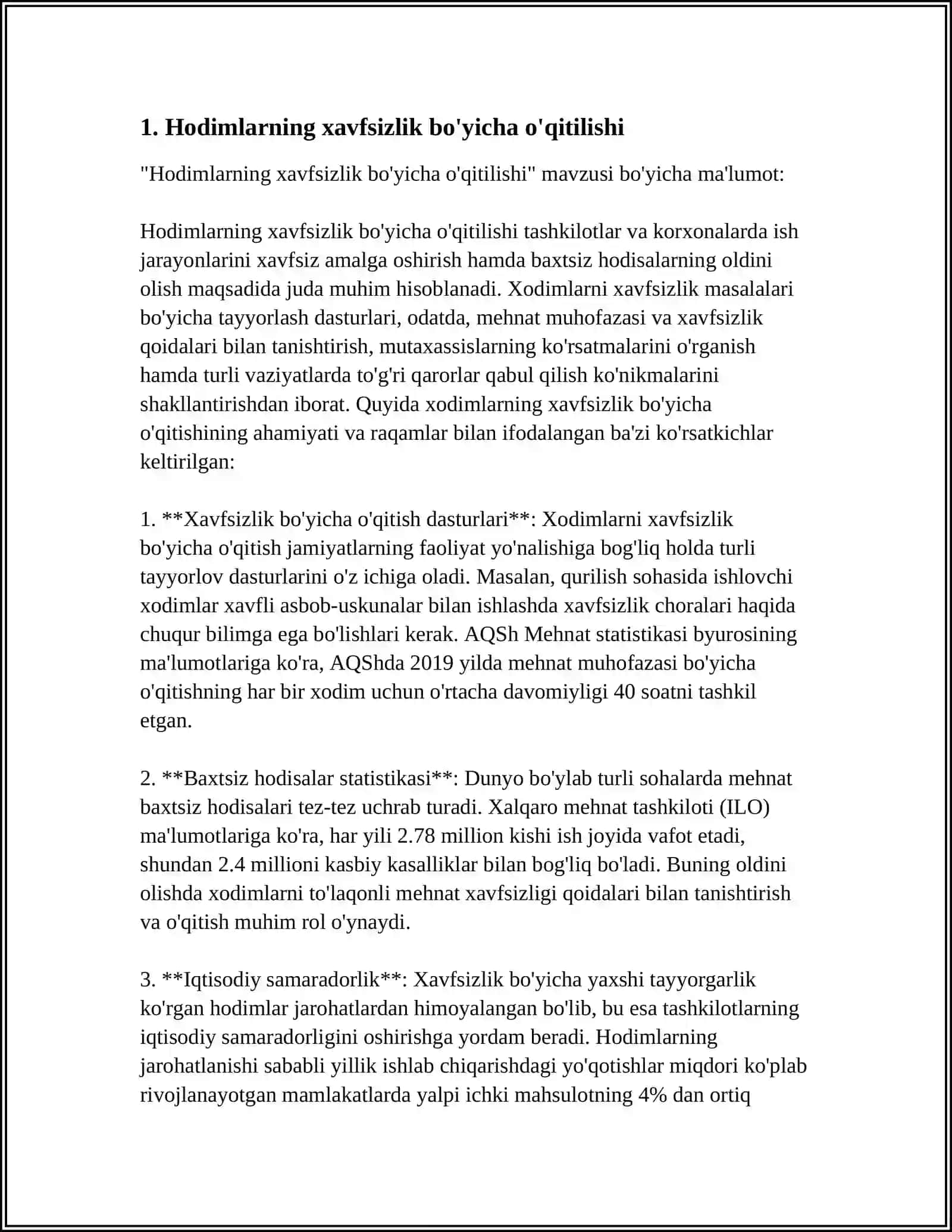 HARAKAT HAVFSIZLIGI BO’YICHA OYLIK HISOBOT TUZISH 3